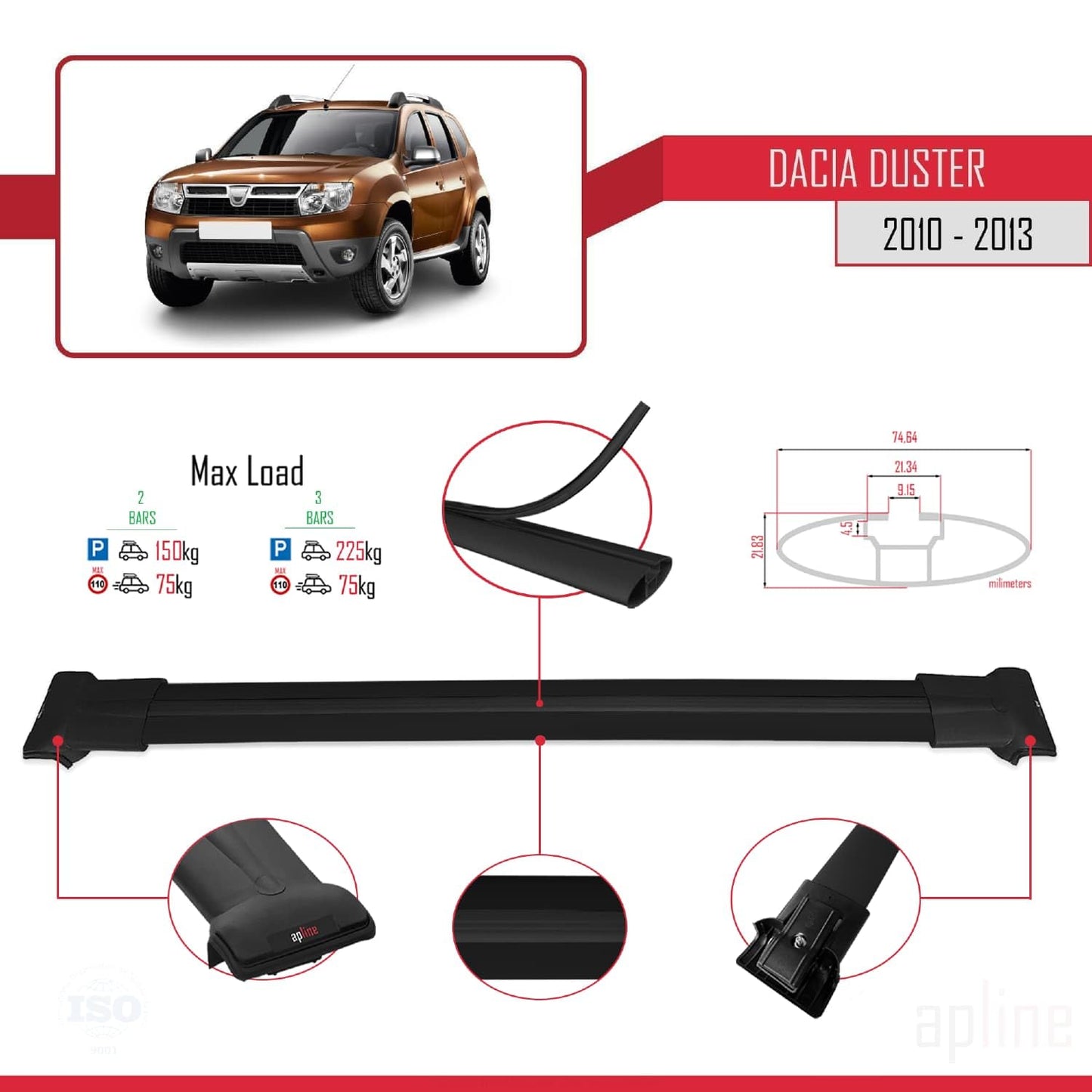Compatible with Dacia Duster (HS) Pre-Facelift 2010-2013 Fly Model Car Roof Rack Cross Bar Black Aluminium 2 Bars