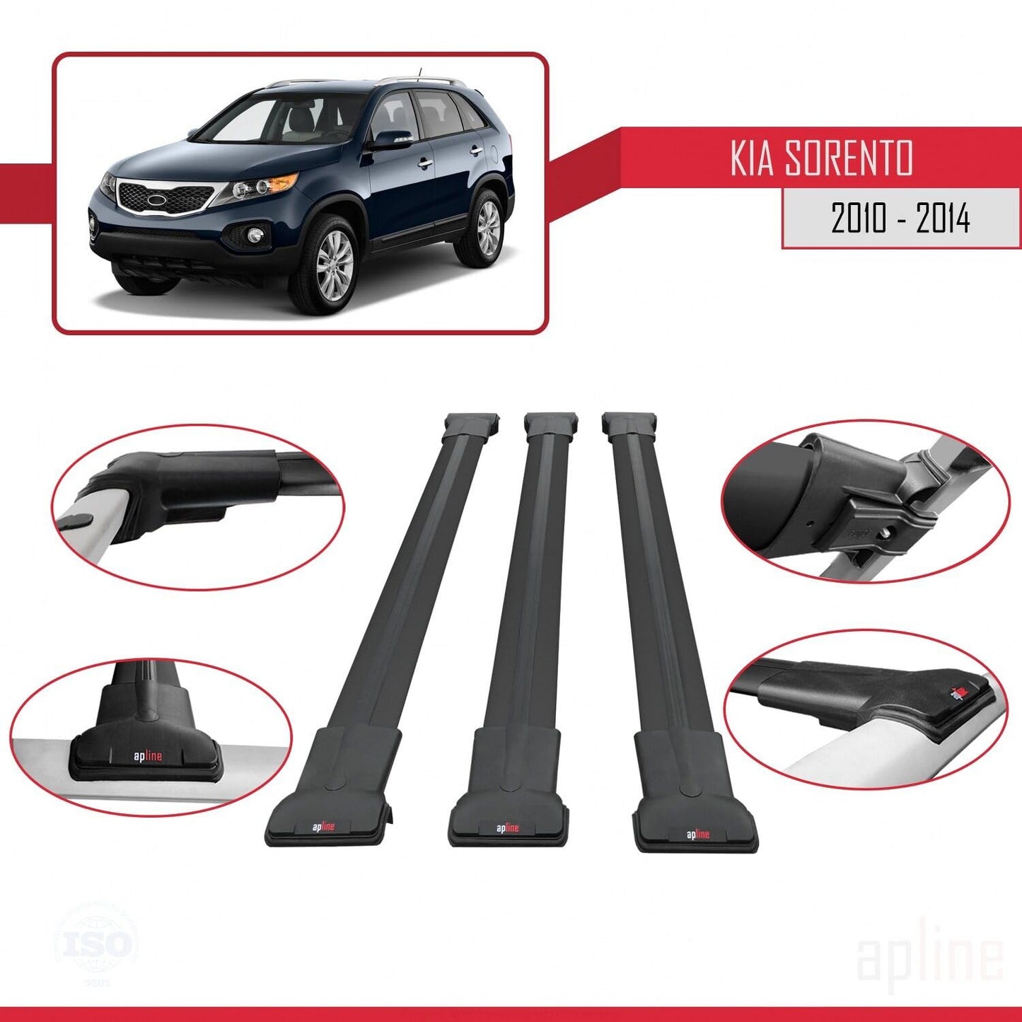 Compatible with Kia Sorento 2 (XM) 2010-2014 Fly Model Car Roof Rack Cross Bar Black Aluminium 3 Bars