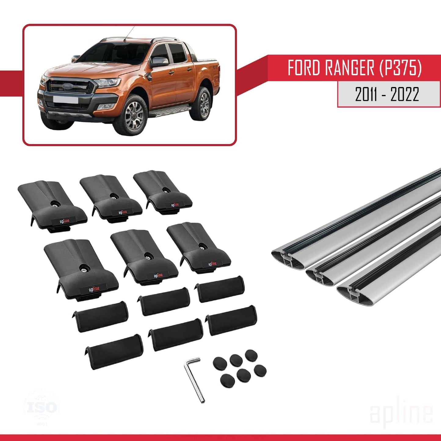 Compatible with Ford Ranger (P375) 2011-2022 Fly Model Car Roof Rack Cross Bar Grey Aluminium 3 Bars