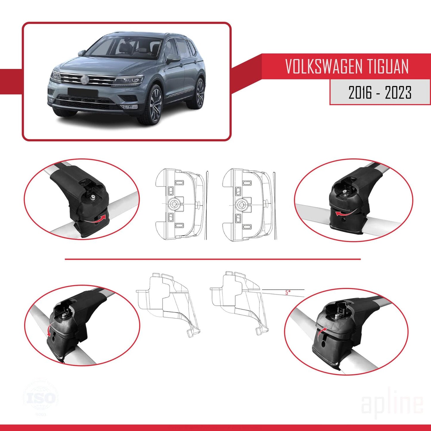 Compatible with Volkswagen Tiguan 2 (AD1) 2016-2023 ACE-2 Car Roof Rack Cross Bar Grey Aluminium 2 Bars