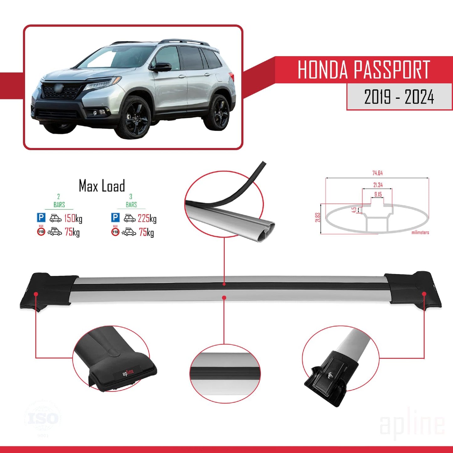 Compatible with Honda Passport 2019-2024 Fly Model Car Roof Rack Cross Bar Grey Aluminium 2 Bars