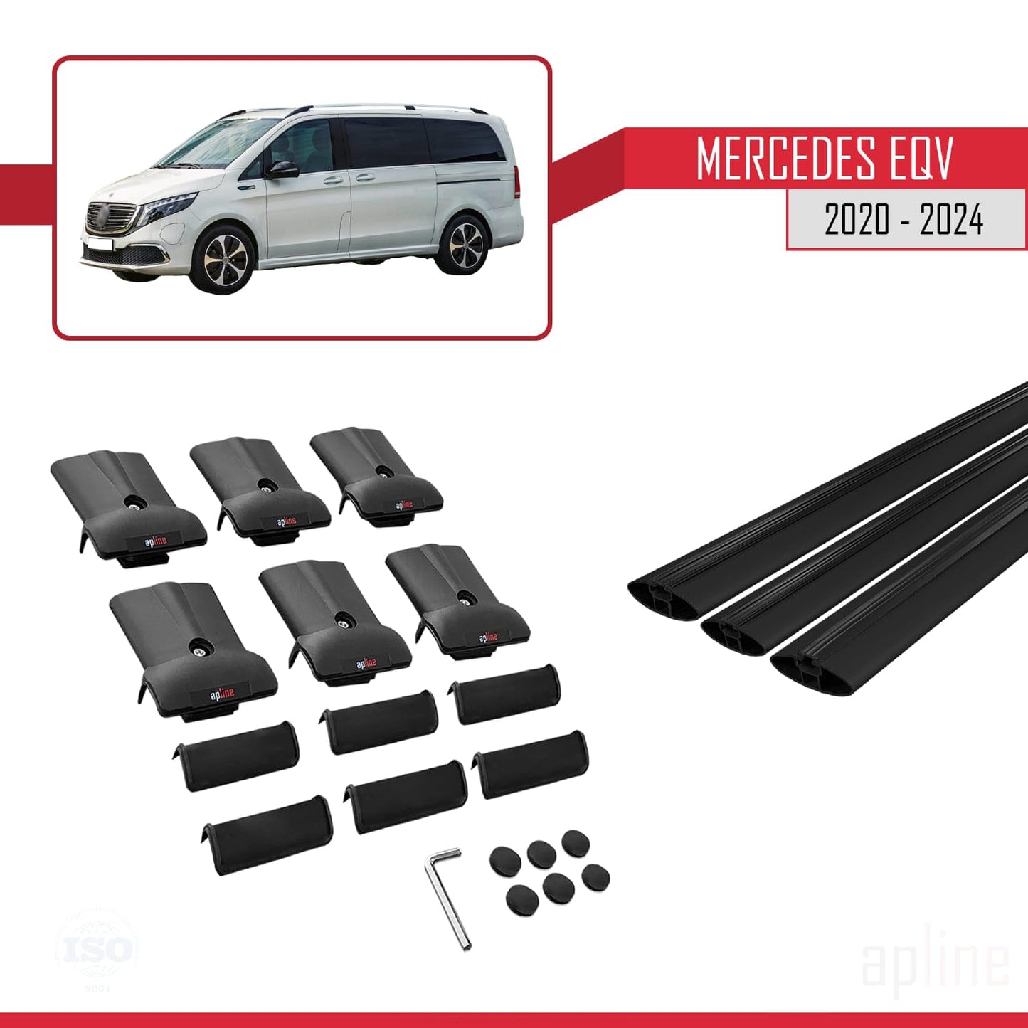 Compatible with Mercedes EQV (W447) 2020-2025 Fly Model Car Roof Rack Cross Bar Black Aluminium 3 Bars