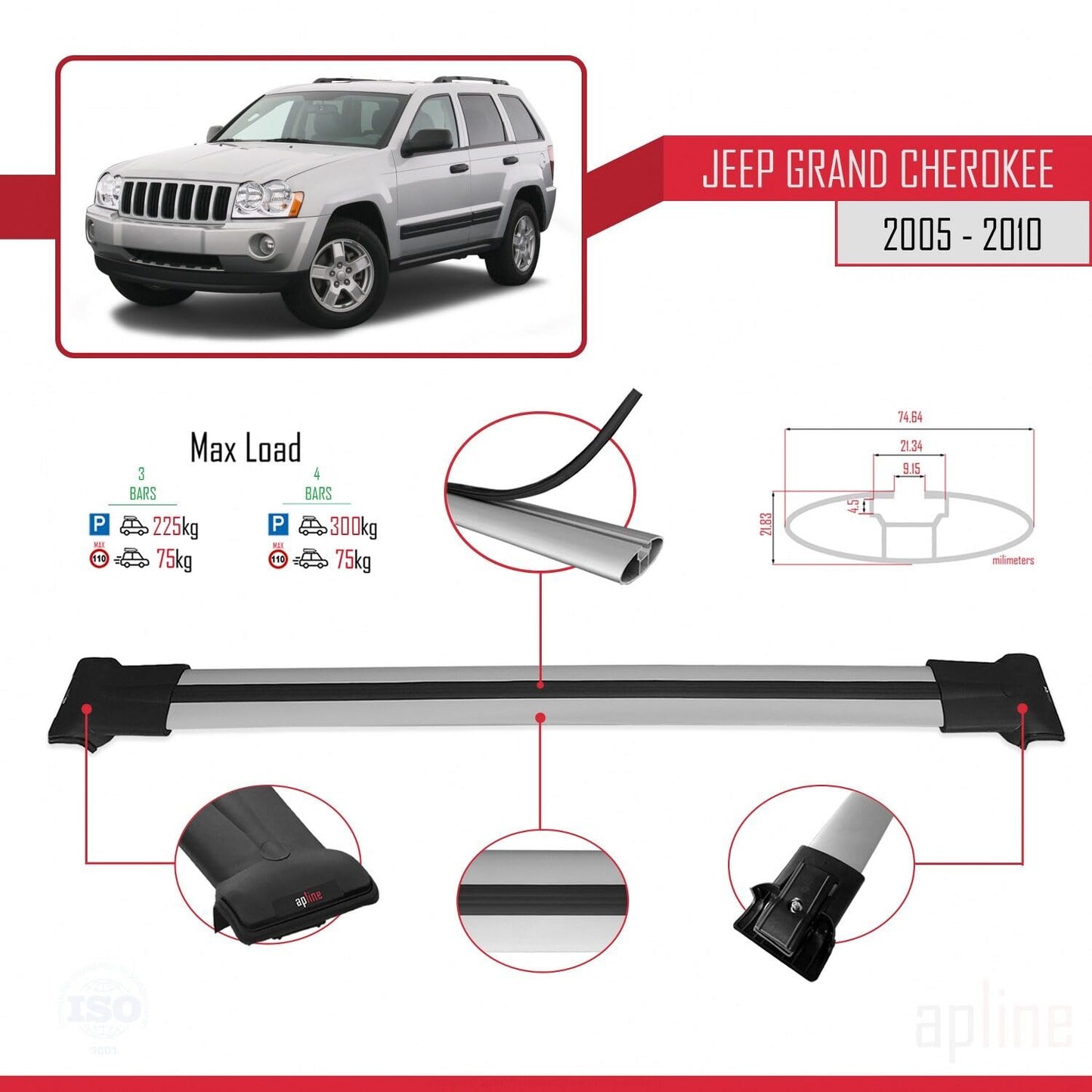 Compatible with Jeep Grand Cherokee 3 (WK) 2005-2010 Fly Model Car Roof Rack Cross Bar Grey Aluminium 3 Bars