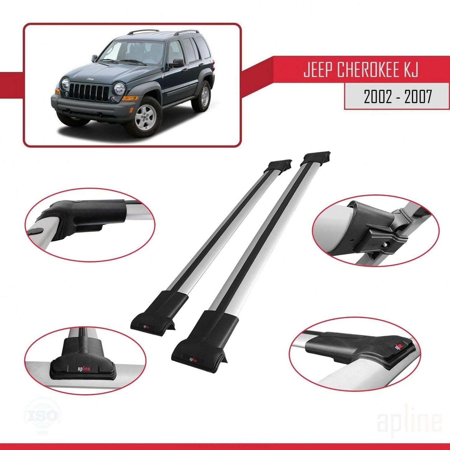 Compatible with Jeep Cherokee 3 (KJ) 2002-2007 Fly Model Car Roof Rack Cross Bar Grey Aluminium 2 Bars