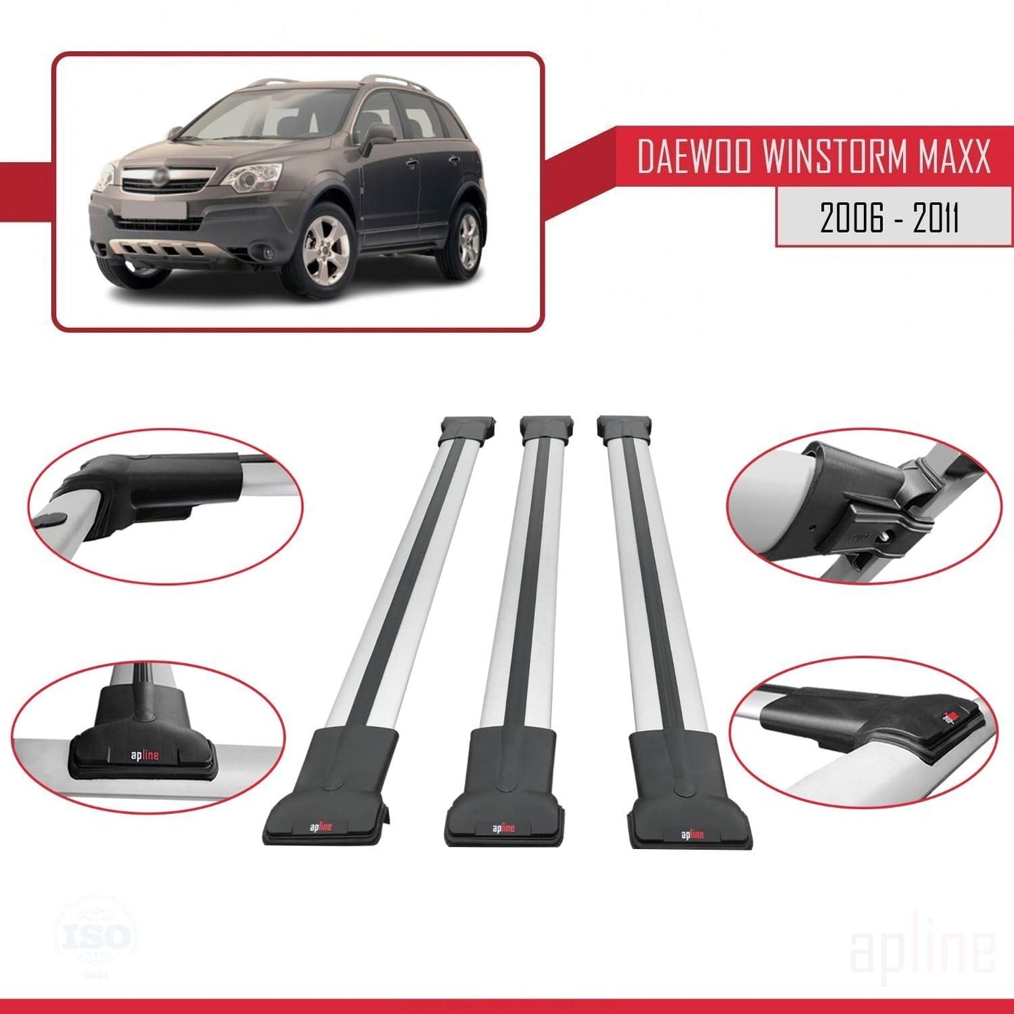 Compatible with Daewoo Winstorm MaXX 2006-2011 Fly Model Car Roof Rack Cross Bar Grey Aluminium 3 Bars
