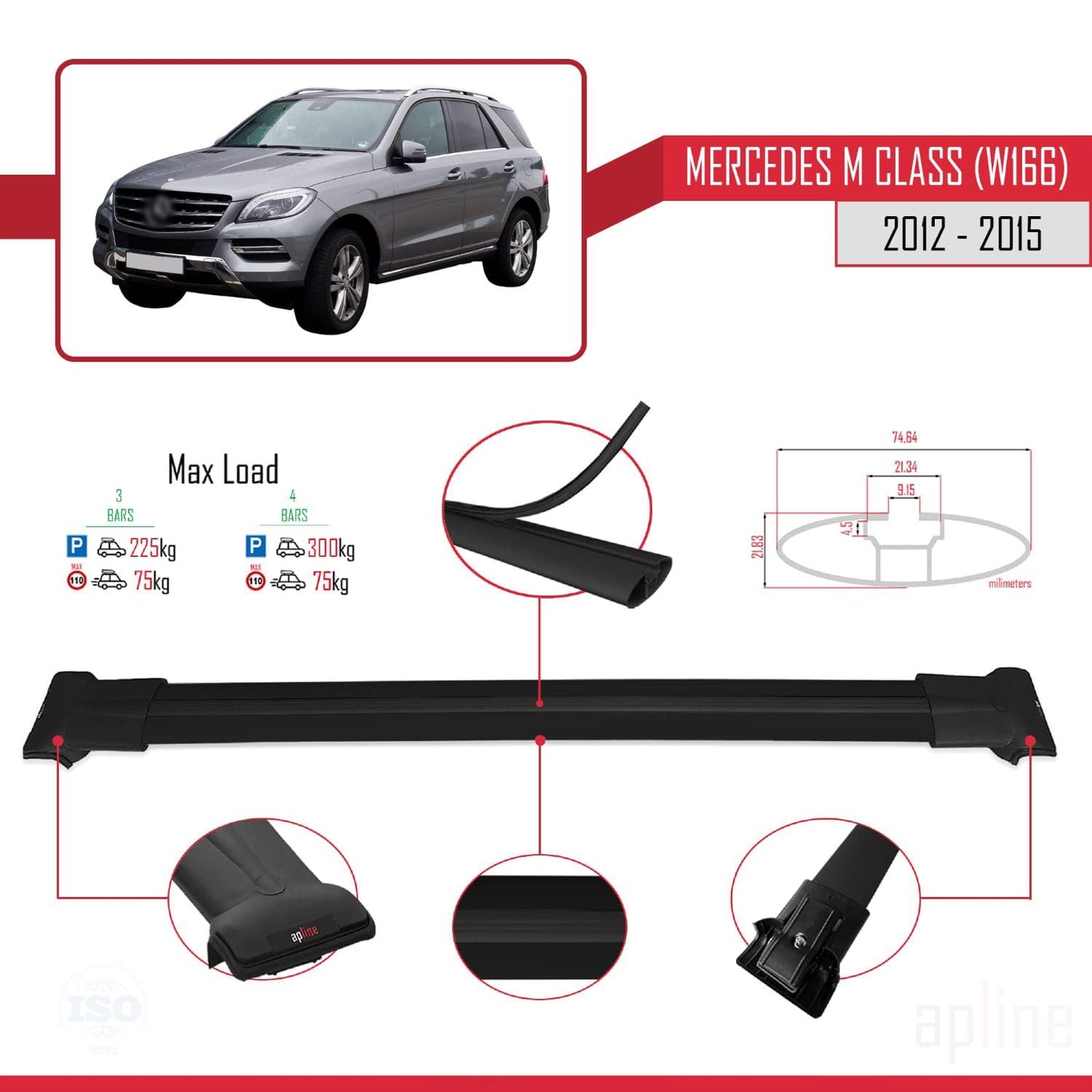 Compatible with Mercedes M Class 3 (W166) Pre-Facelift 2012-2015 Fly Model Car Roof Rack Cross Bar Black Aluminium 3 Bars