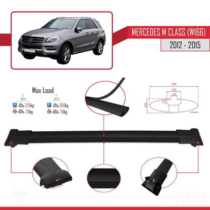 Compatible with Mercedes M Class 3 (W166) Pre-Facelift 2012-2015 Fly Model Car Roof Rack Cross Bar Black Aluminium 3 Bars