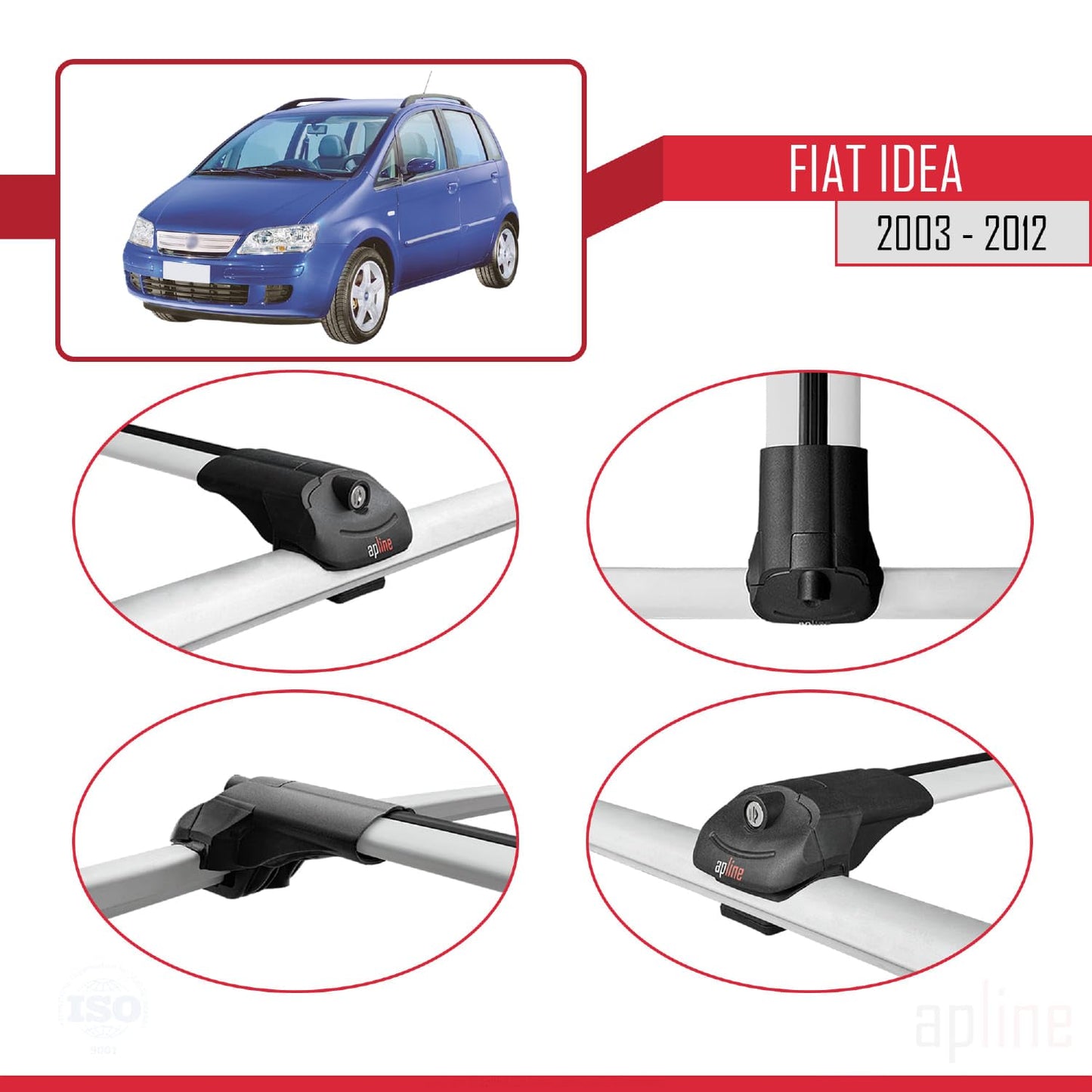Compatible with Fiat Idea 2003-2012 ACE-1 Car Roof Rack Cross Bar Grey Aluminium 3 Bars