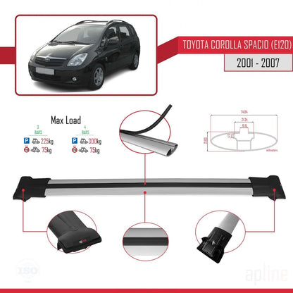 Compatible with Toyota Corolla Spacio 2 (E120) 2001-2007 Fly Model Car Roof Rack Cross Bar Grey Aluminium 3 Bars
