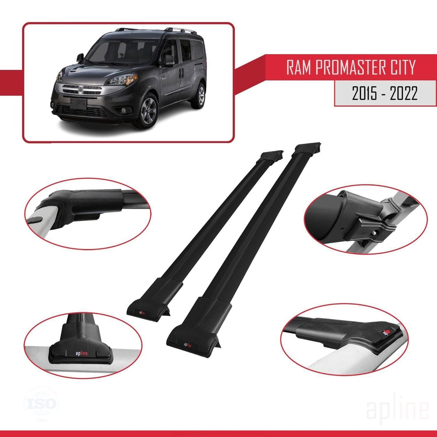 Compatible with Ram Promaster City (636) 2015-2022 Fly Model Car Roof Rack Cross Bar Black Aluminium 2 Bars