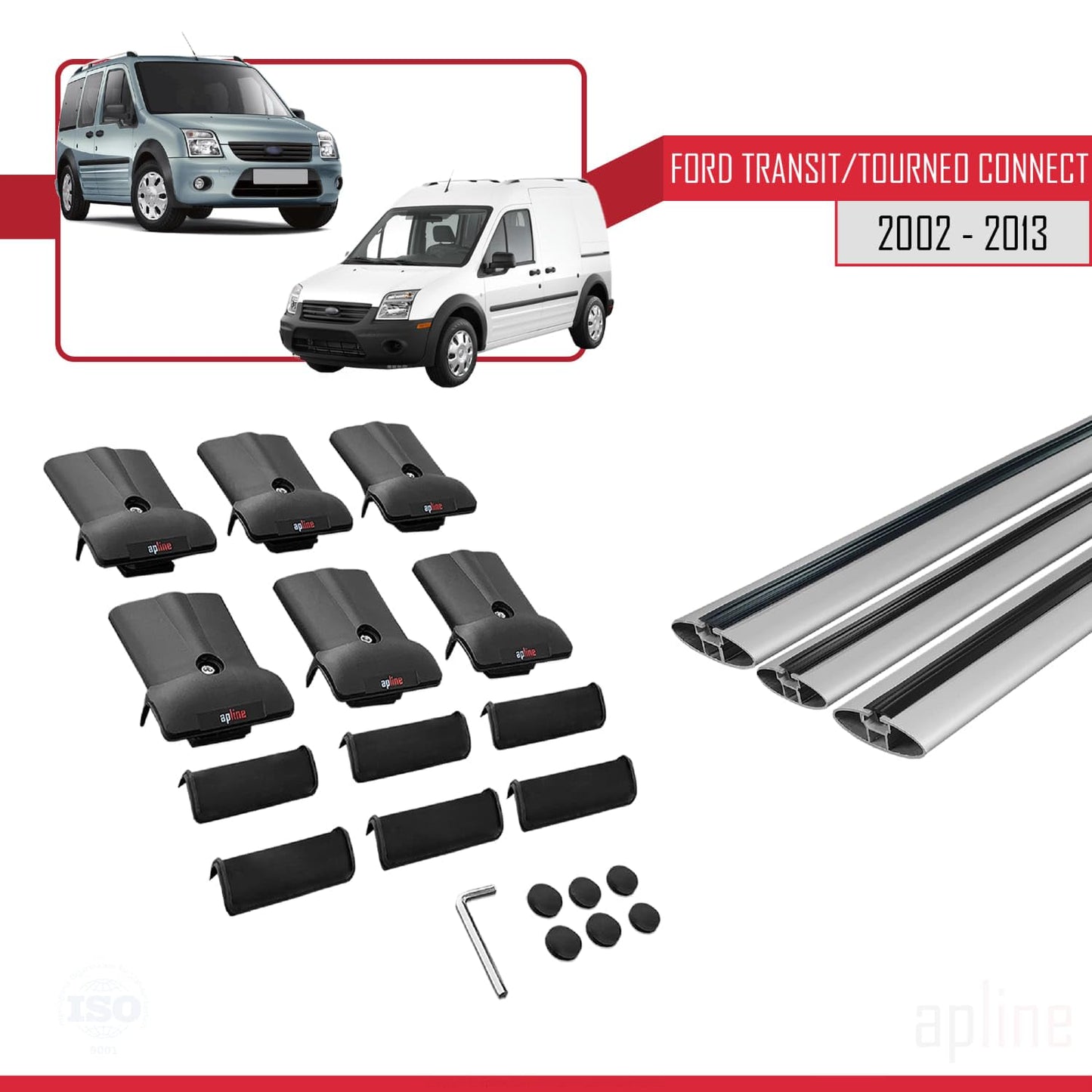 Compatible with Ford Transit/Tourneo Connect 2002-2013 Fly Model Car Roof Rack Cross Bar Grey Aluminium 3 Bars