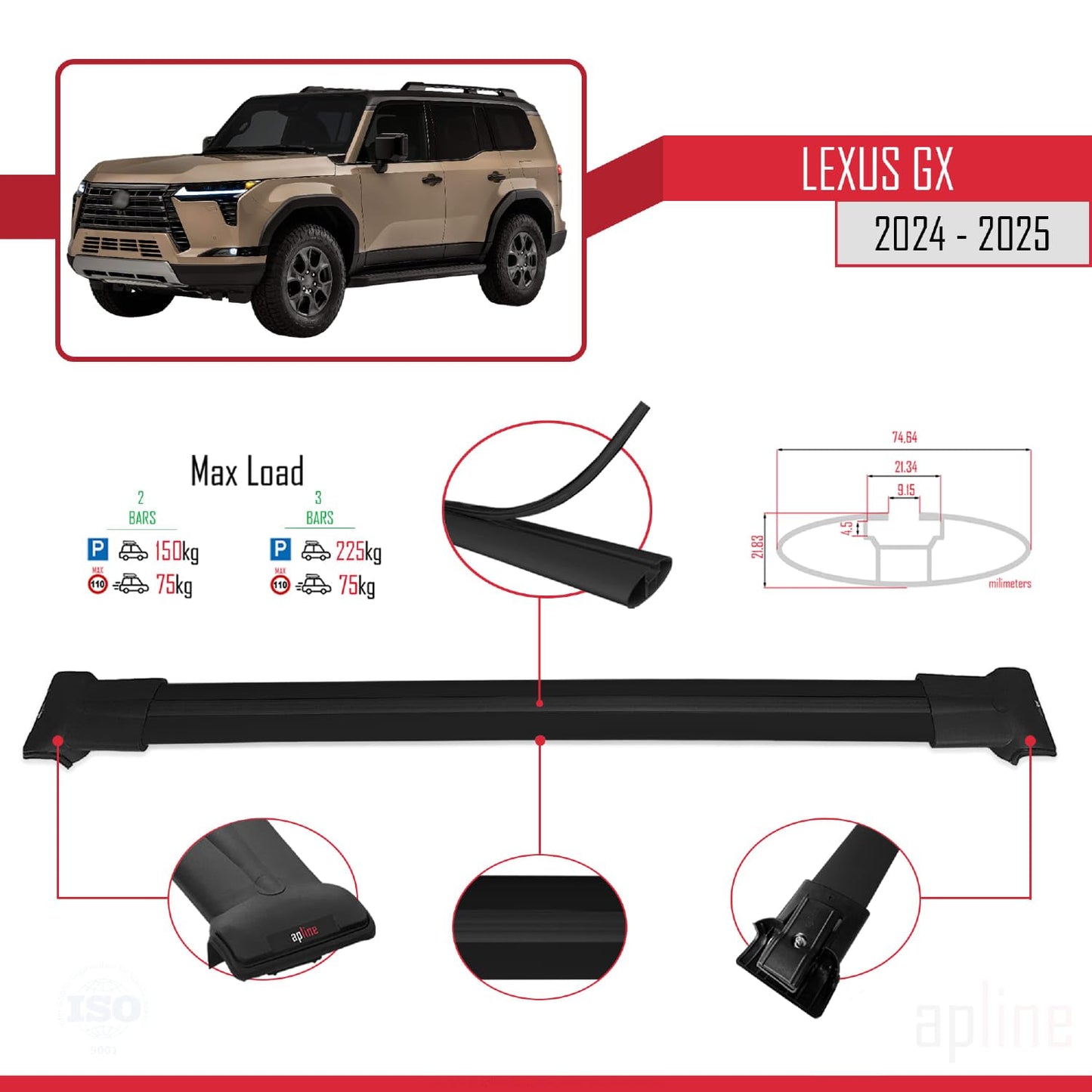 Compatible with Lexus GX 2024-2025 Fly Model Car Roof Rack Cross Bar Black Aluminium 2 Bars