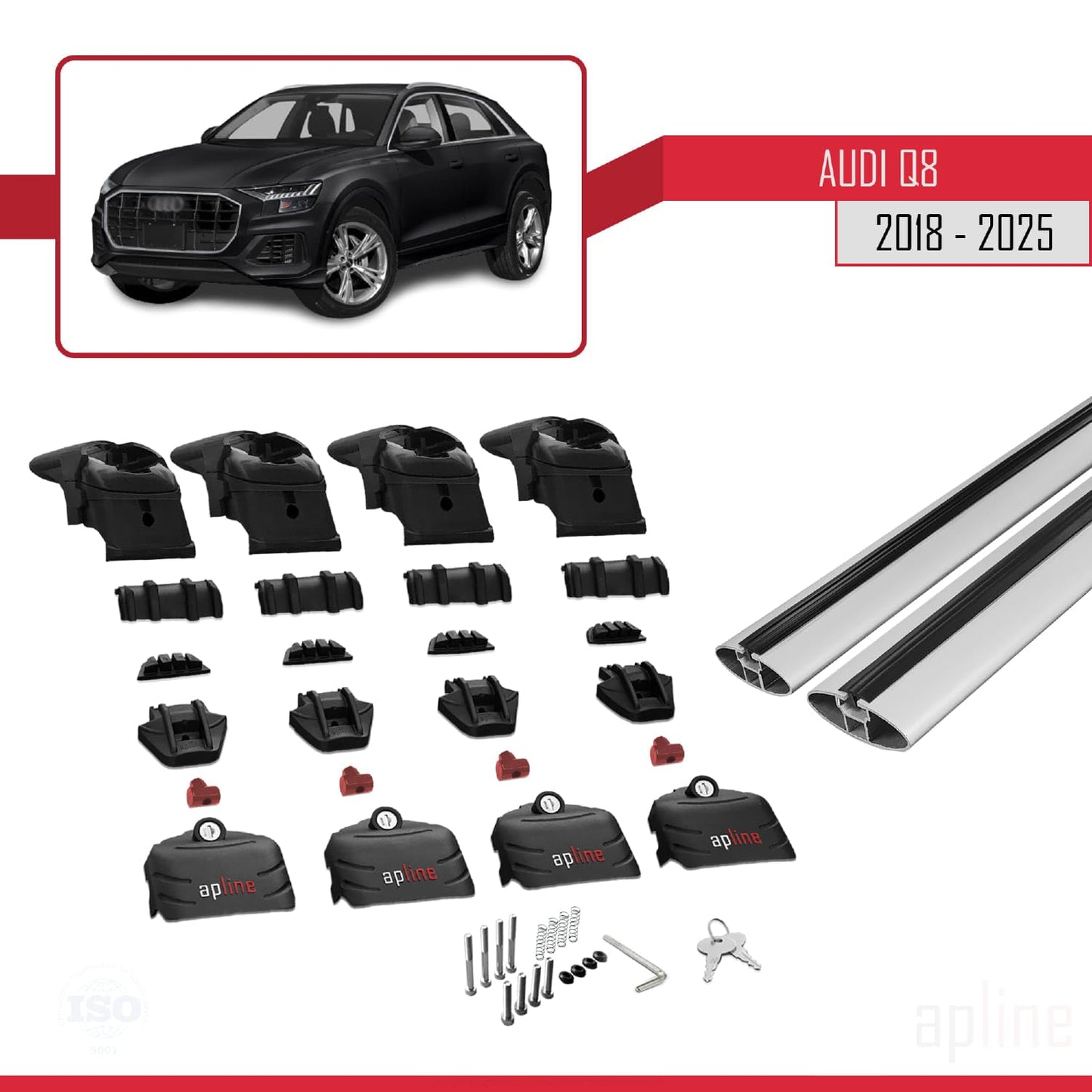 Compatible with Audi Q8 (F1) 2018-2025 ACE-2 Car Roof Rack Cross Bar Grey Aluminium 2 Bars