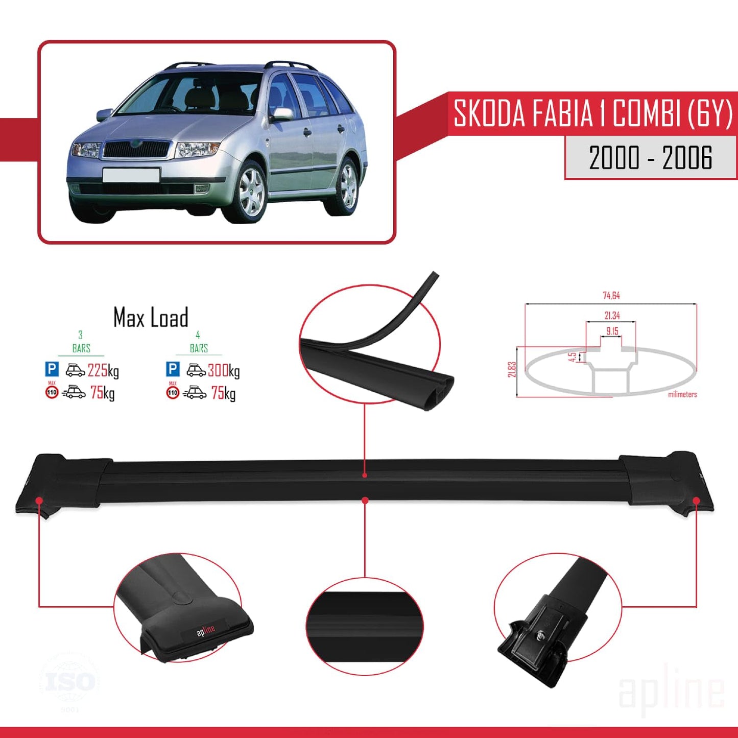 Compatible with Skoda Fabia (6Y) SW 2000-2006 Fly Model Car Roof Rack Cross Bar Black Aluminium 3 Bars