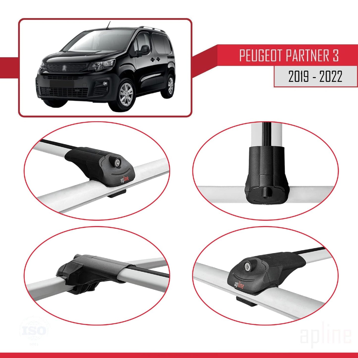 Compatible with Peugeot Partner 3 2019-2022 ACE-1 Car Roof Rack Cross Bar Grey Aluminium 3 Bars