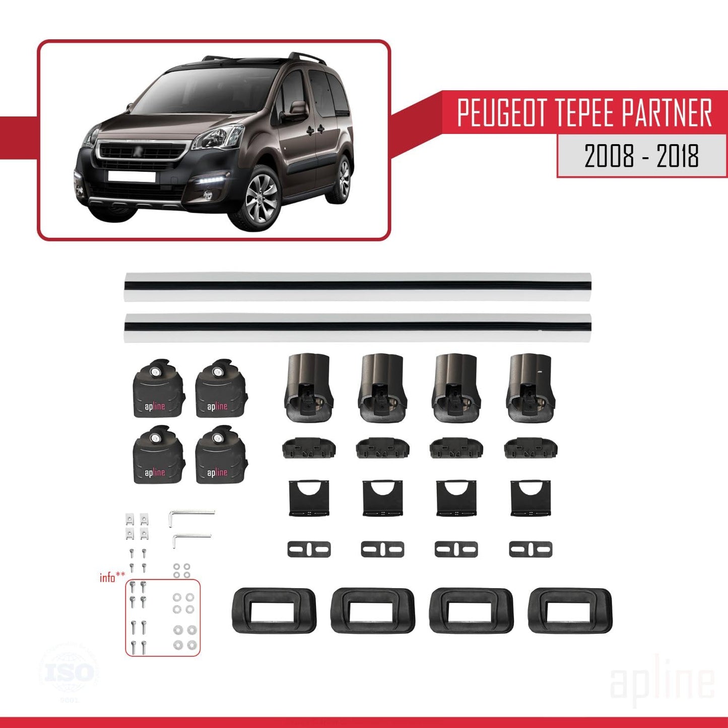 Compatible with Peugeot Partner Tepee 2008-2018 ACE-3 Car Roof Rack Cross Bar Grey Aluminium 2 Bars