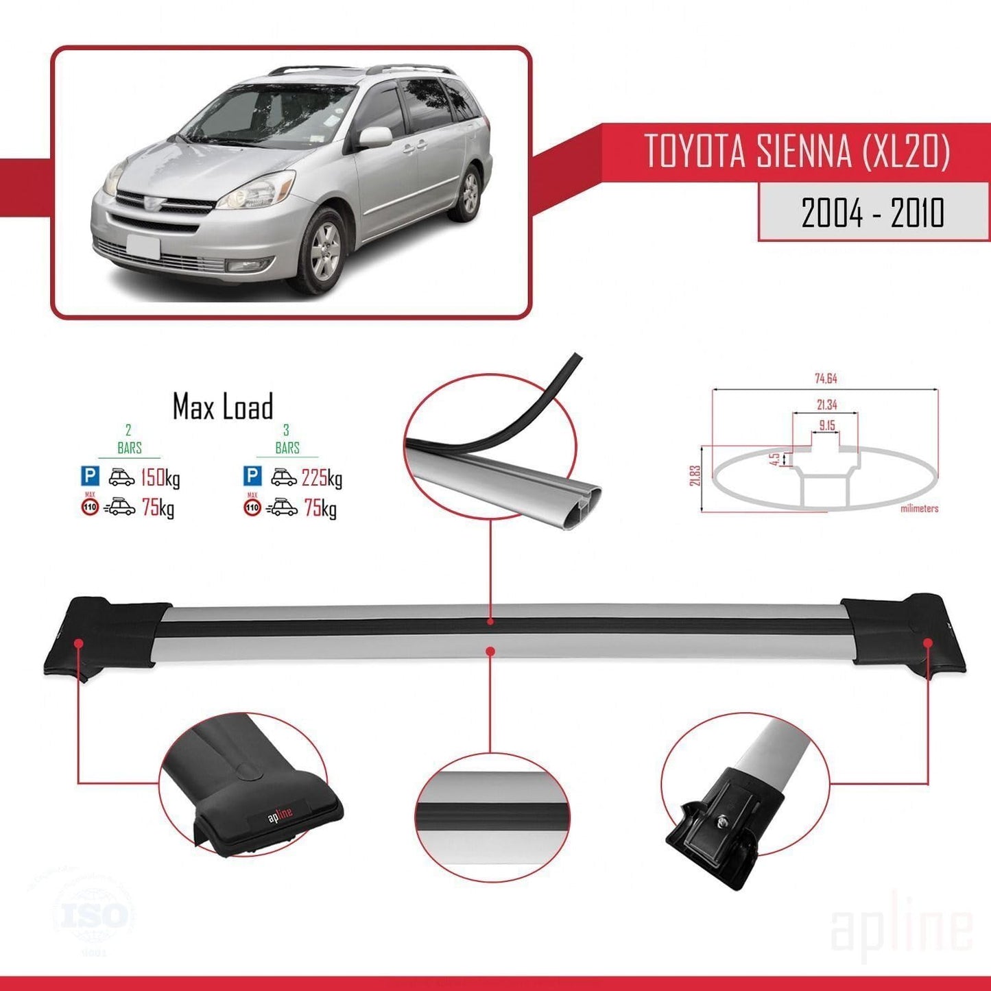 Compatible with Toyota Sienna 2 (XL20) 2004-2010 Fly Model Car Roof Rack Cross Bar Grey Aluminium 2 Bars
