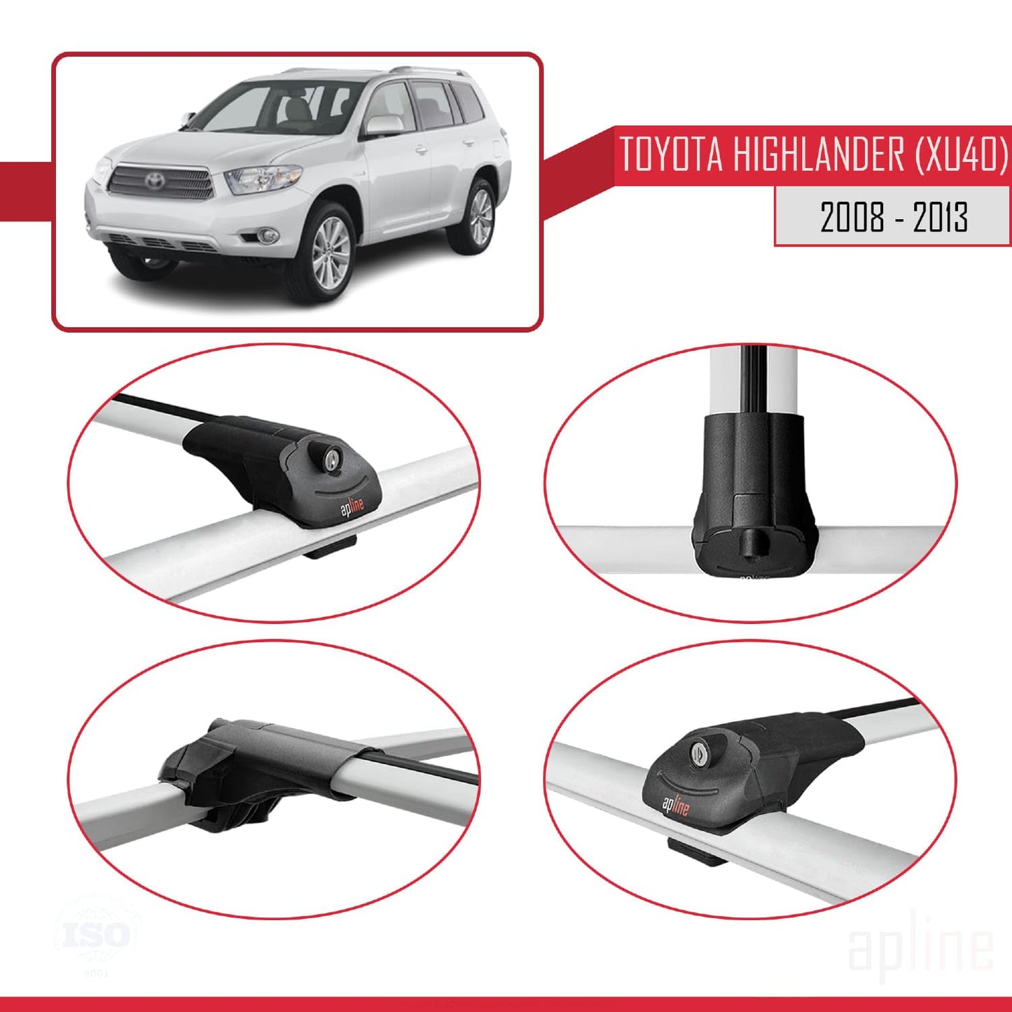 Compatible with Toyota Highlander (XU40) 2008-2013 ACE-1 Car Roof Rack Cross Bar Grey Aluminium 2 Bars