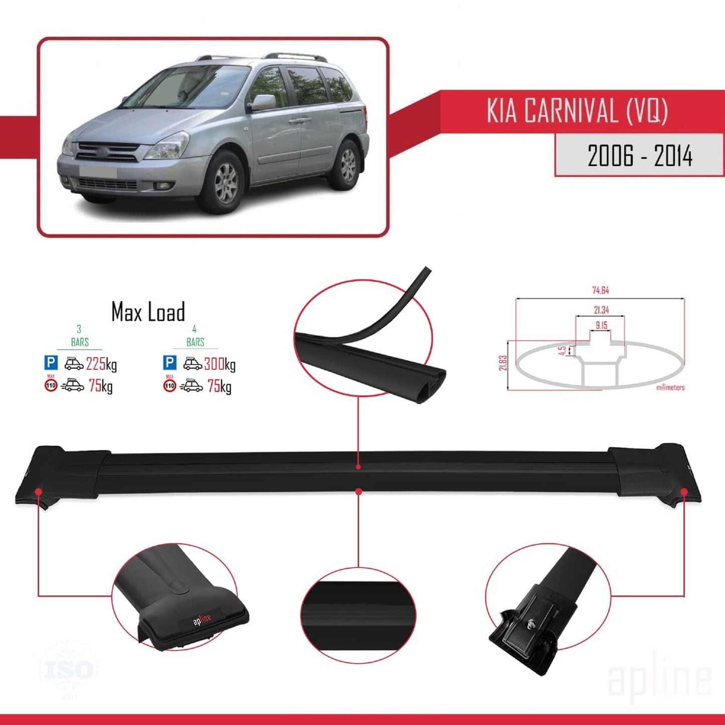 Compatible with Kia Carnival 2 (VQ) 2006-2014 Fly Model Car Roof Rack Cross Bar Black Aluminium 3 Bars