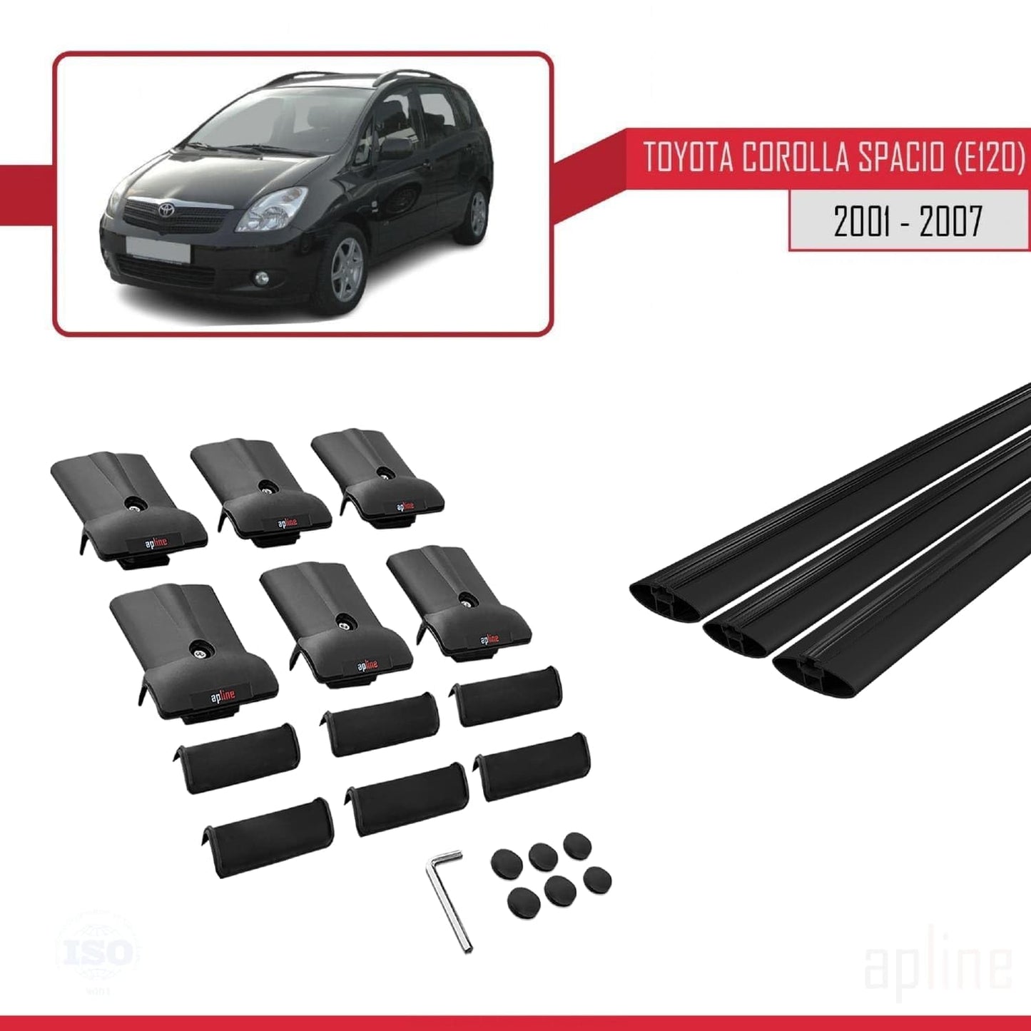 Compatible with Toyota Corolla Spacio 2 (E120) 2001-2007 Fly Model Car Roof Rack Cross Bar Black Aluminium 3 Bars