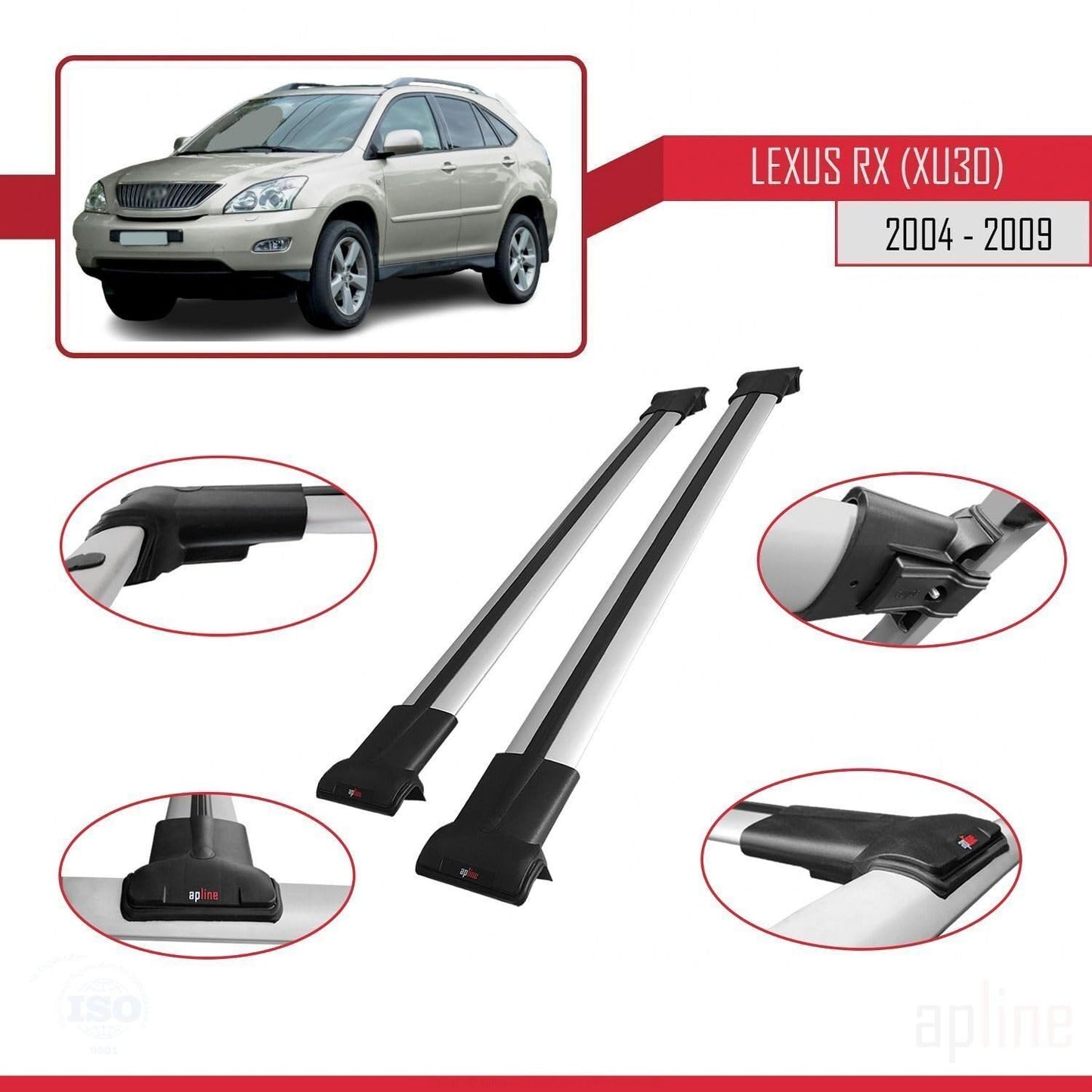 Compatible with Lexus RX 2 (XU30) 2004-2009 Fly Model Car Roof Rack Cross Bar Grey Aluminium 2 Bars