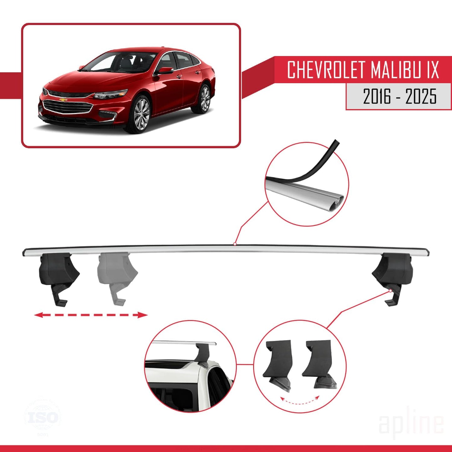 Compatible with Chevrolet Malibu IX 2016-2025 ACE-4 Car Roof Rack Cross Bar Grey Aluminium 2 Bars