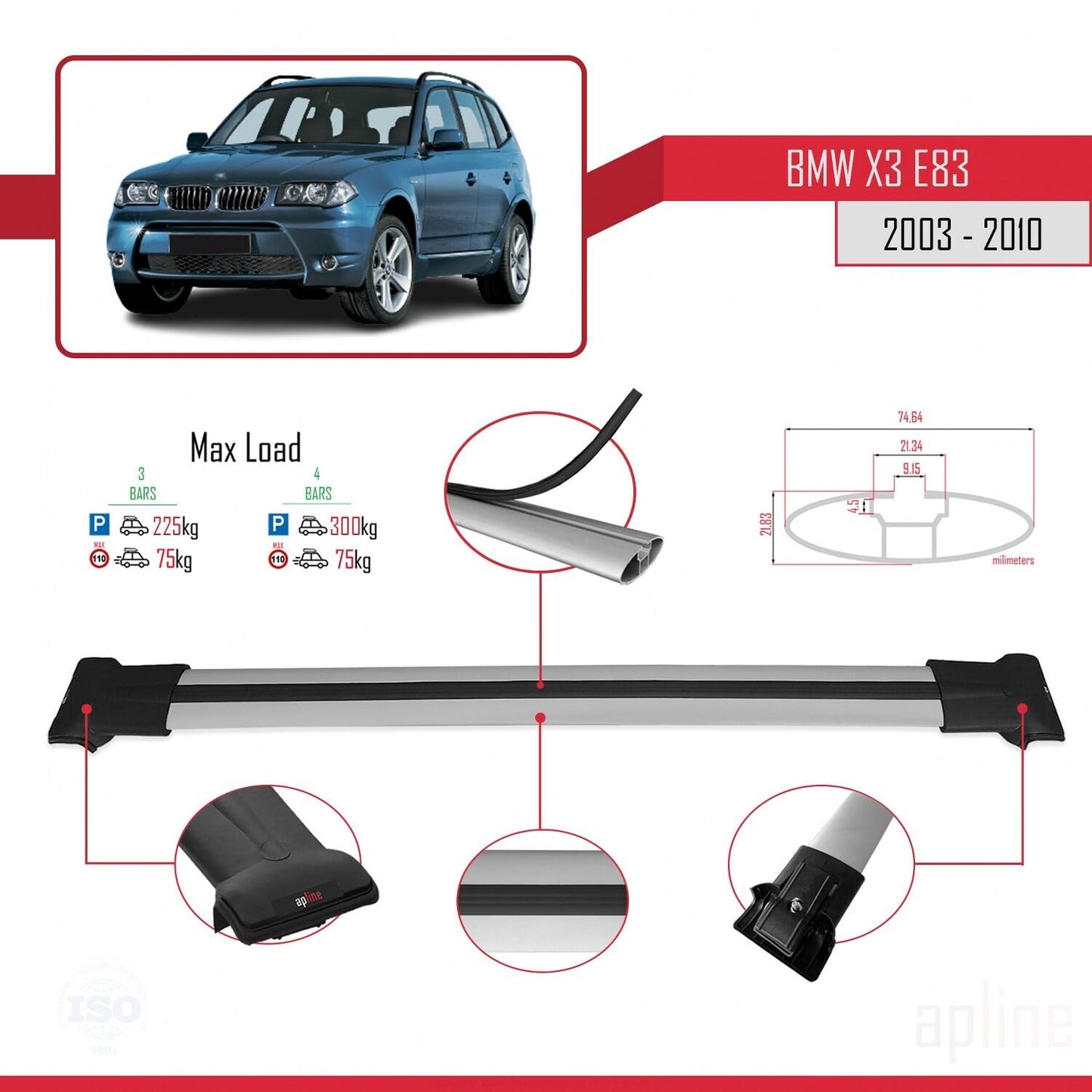 Compatible with BMW X3 (E83) 2003-2010 Fly Model Car Roof Rack Cross Bar Grey Aluminium 3 Bars