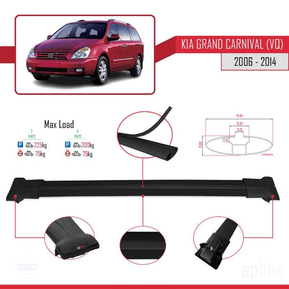 Compatible with Kia Grand Carnival 2 (VQ) 2006-2014 Fly Model Car Roof Rack Cross Bar Black Aluminium 3 Bars