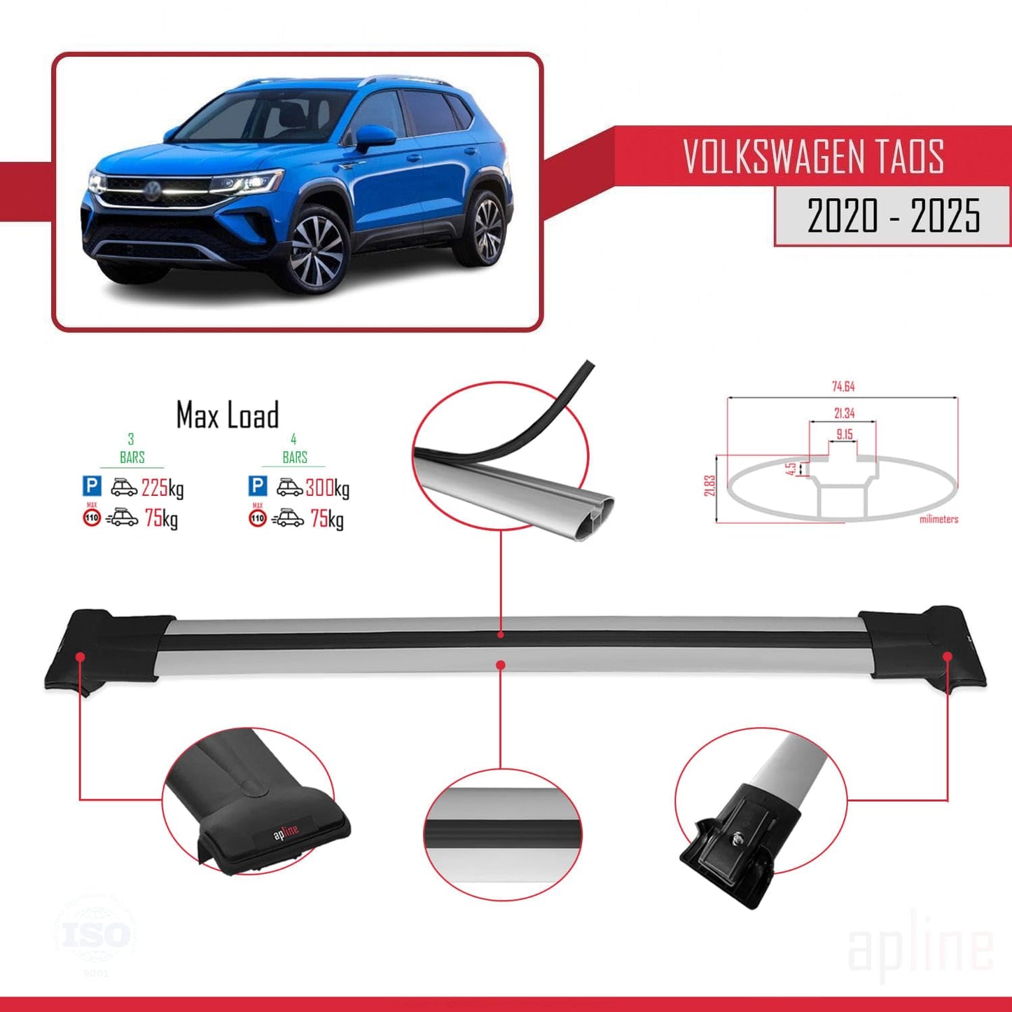 Compatible with Volkswagen Taos 2021-2025 Fly Model Car Roof Rack Cross Bar Grey Aluminium 3 Bars