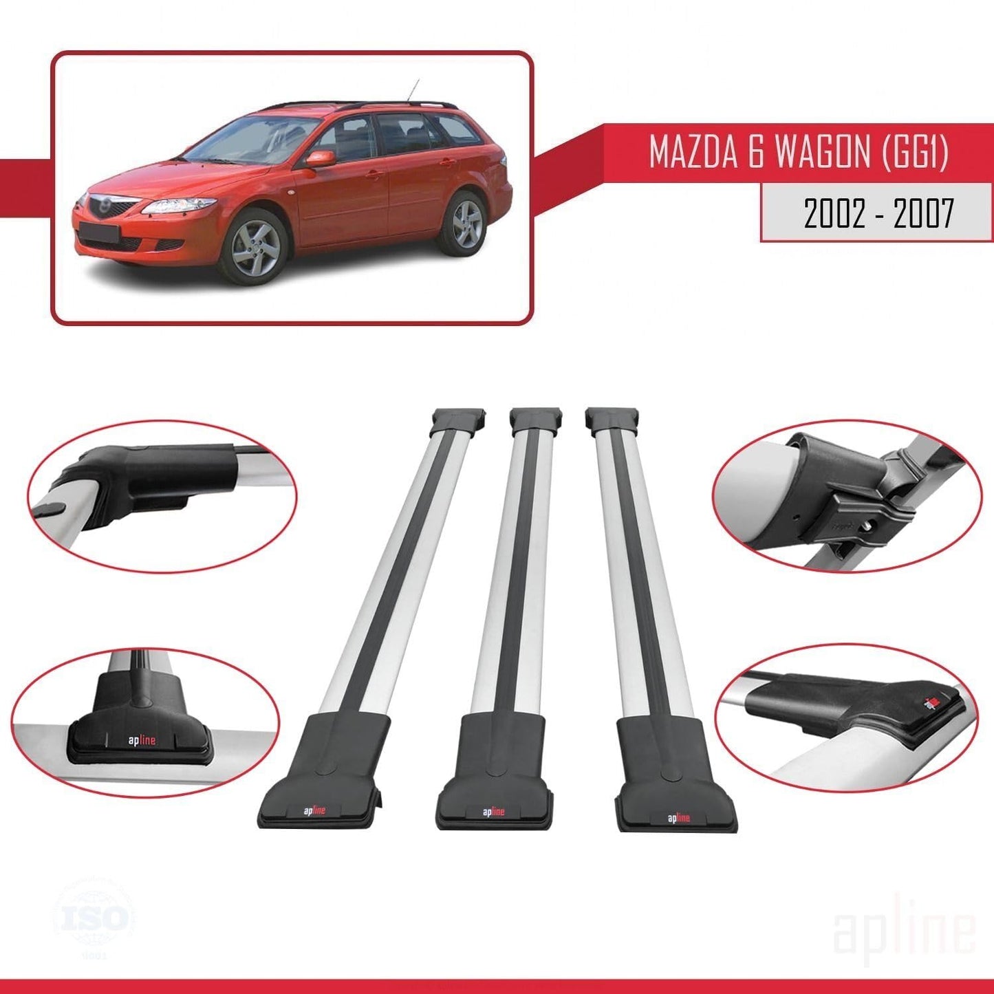 Compatible with Mazda 6 I (GG1) 2002-2007 Fly Model Car Roof Rack Cross Bar Grey Aluminium 3 Bars
