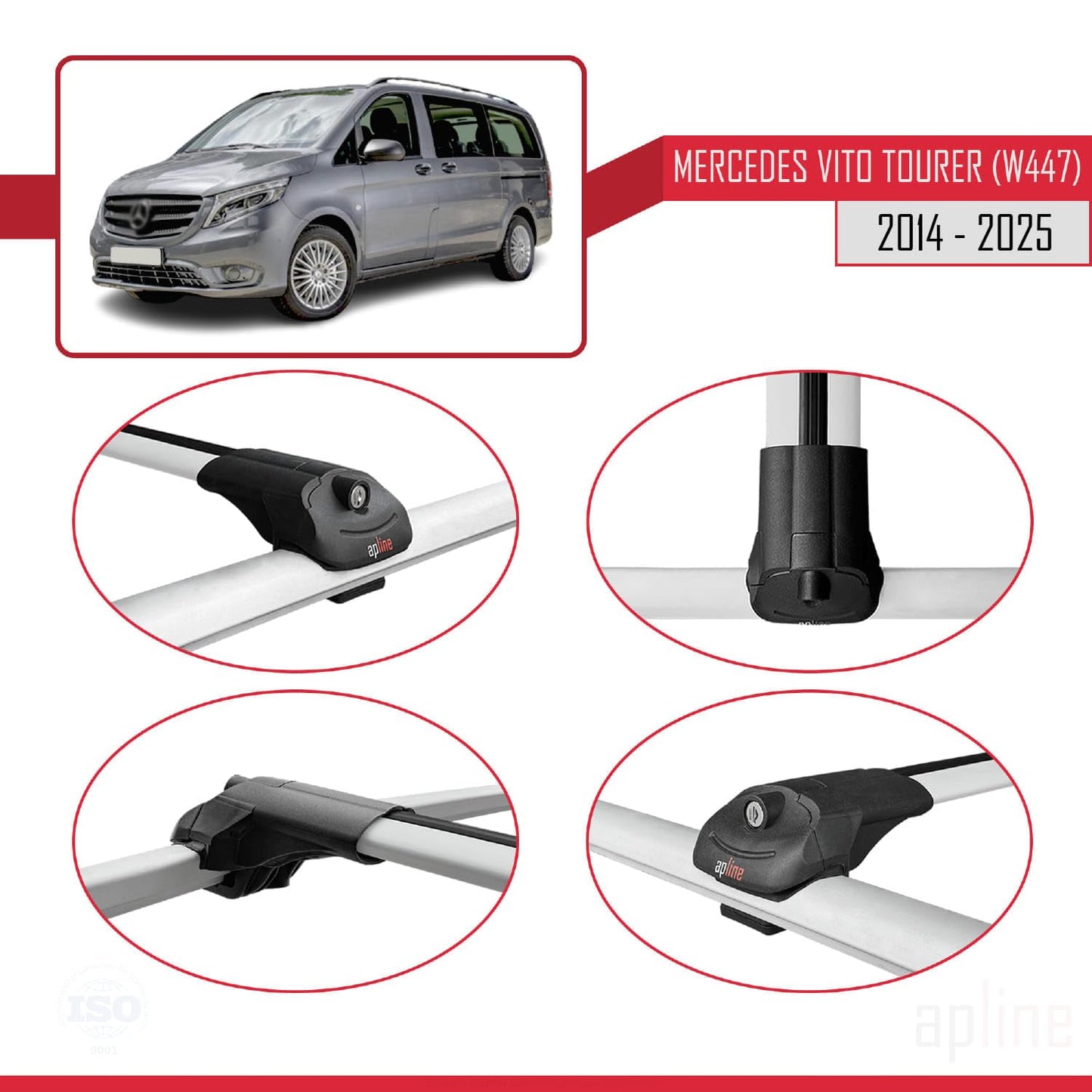 Compatible with Mercedes Vito Tourer (W447) 2014-2025 ACE-1 Car Roof Rack Cross Bar Grey Aluminium 2 Bars