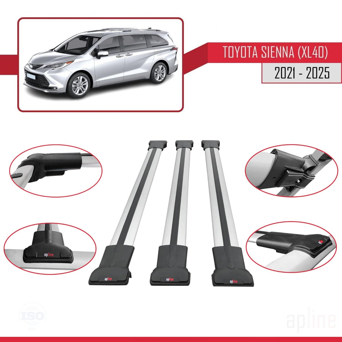 Compatible with Toyota Sienna 4 (XL40) 2021-2025 Fly Model Car Roof Rack Cross Bar Grey Aluminium 3 Bars