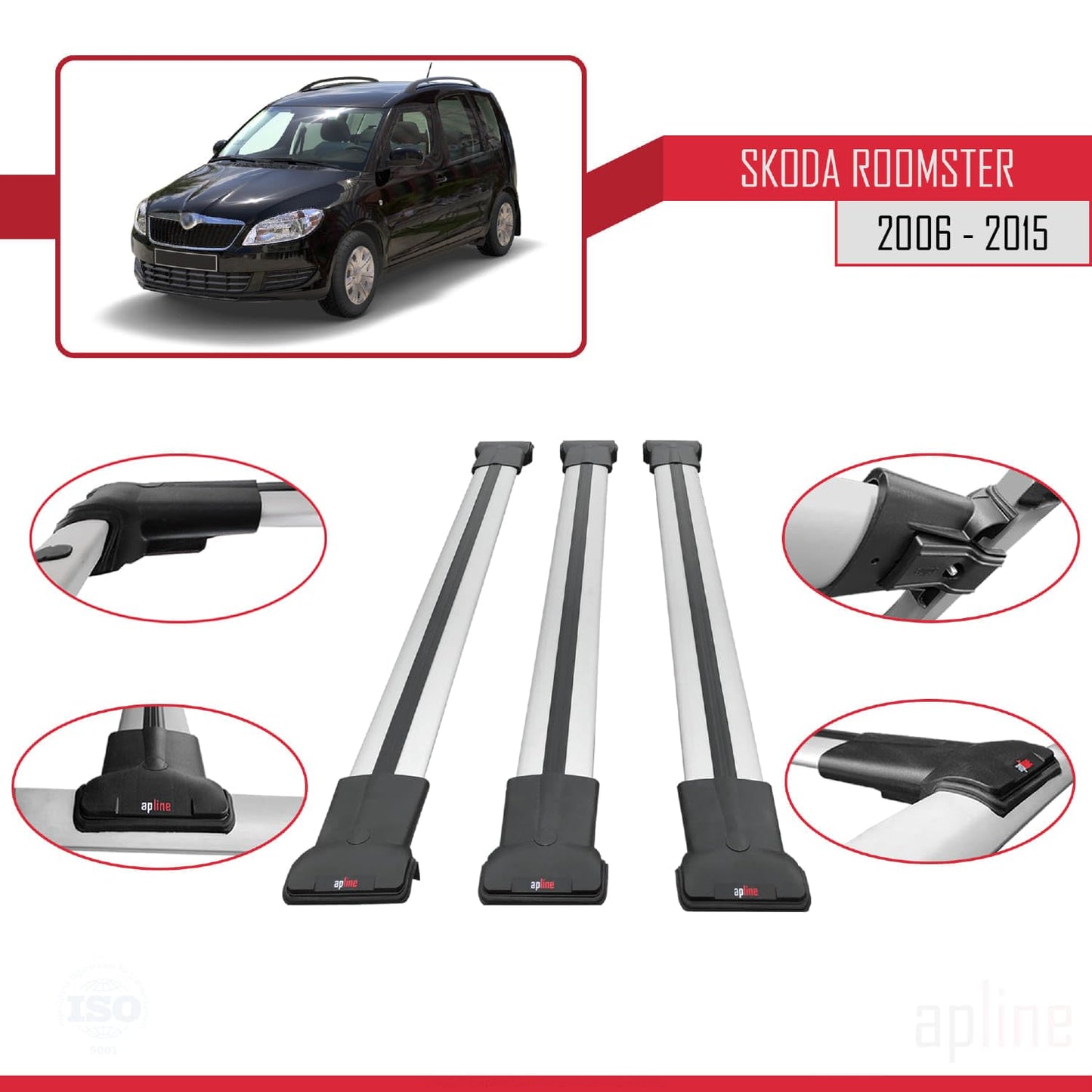 Compatible with Skoda Roomster 2006-2015 Fly Model Car Roof Rack Cross Bar Grey Aluminium 3 Bars