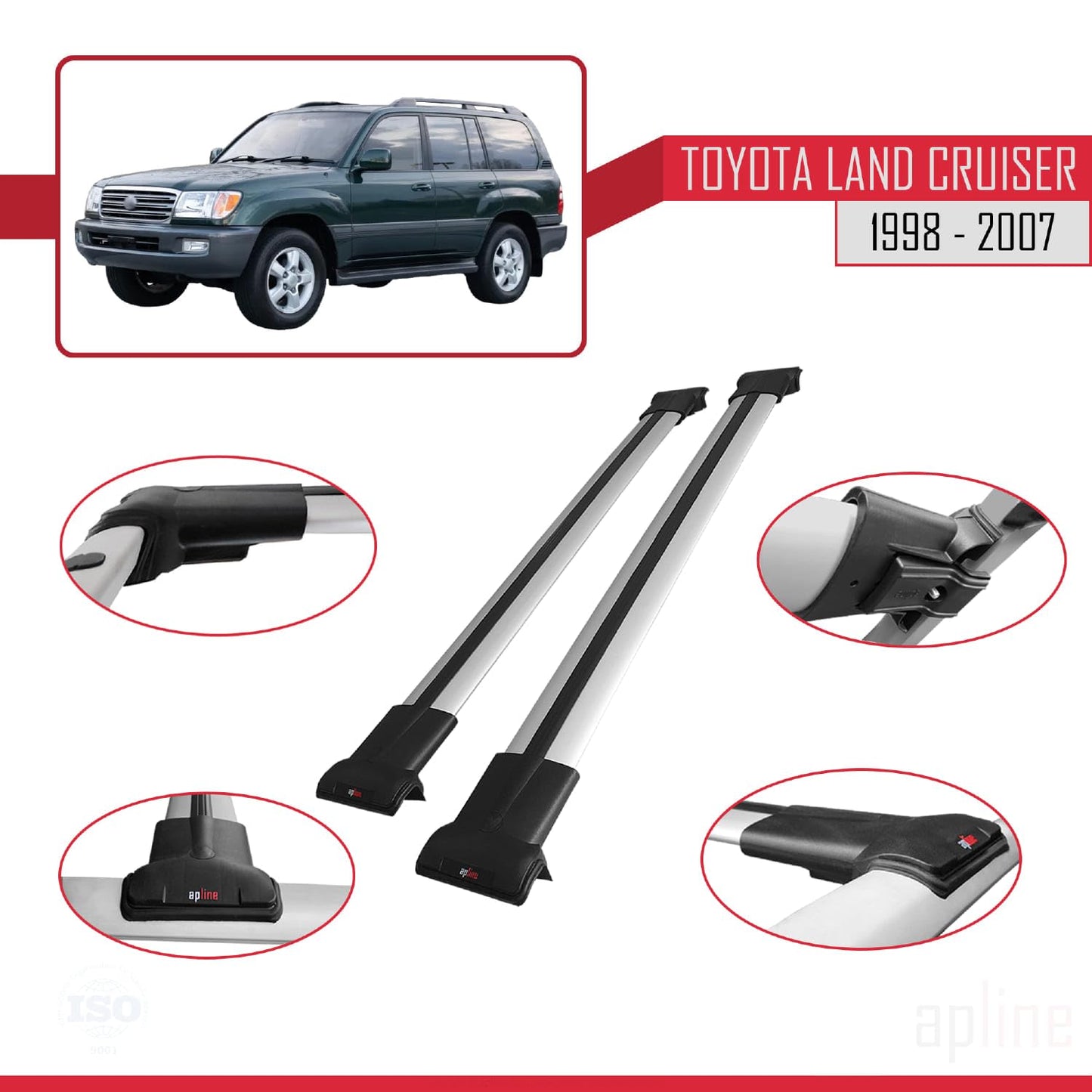 Compatible with Toyota Land Cruiser 1998-2007 Fly Model Car Roof Rack Cross Bar Grey Aluminium 2 Bars