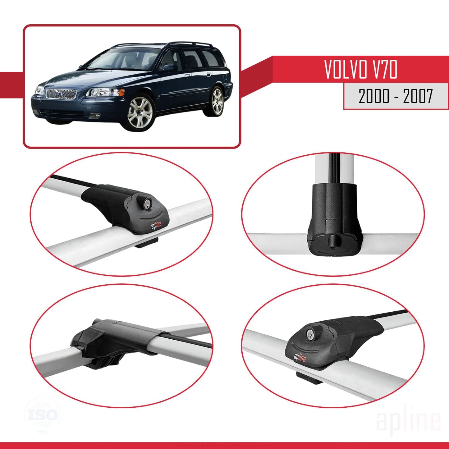 Compatible with Volvo V70 2000-2007 ACE-1 Car Roof Rack Cross Bar Grey Aluminium 3 Bars