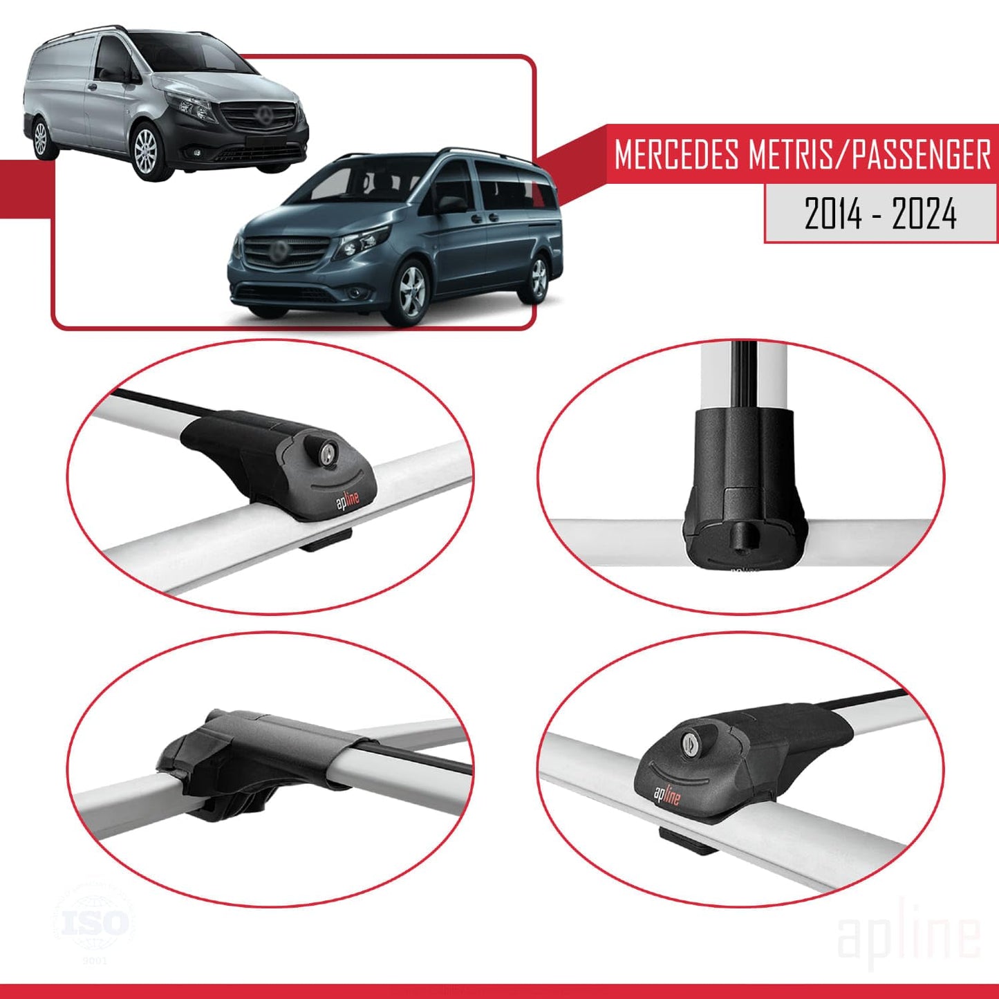 Compatible with Mercedes Metris (W447) 2014-2024 ACE-1 Car Roof Rack Cross Bar Grey Aluminium 4 Bars