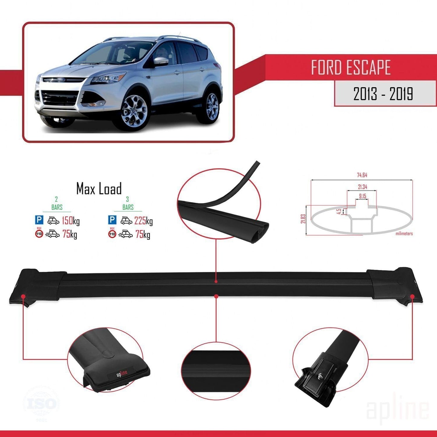 Compatible with Ford Escape 3 2013-2019 Fly Model Car Roof Rack Cross Bar Black Aluminium 2 Bars