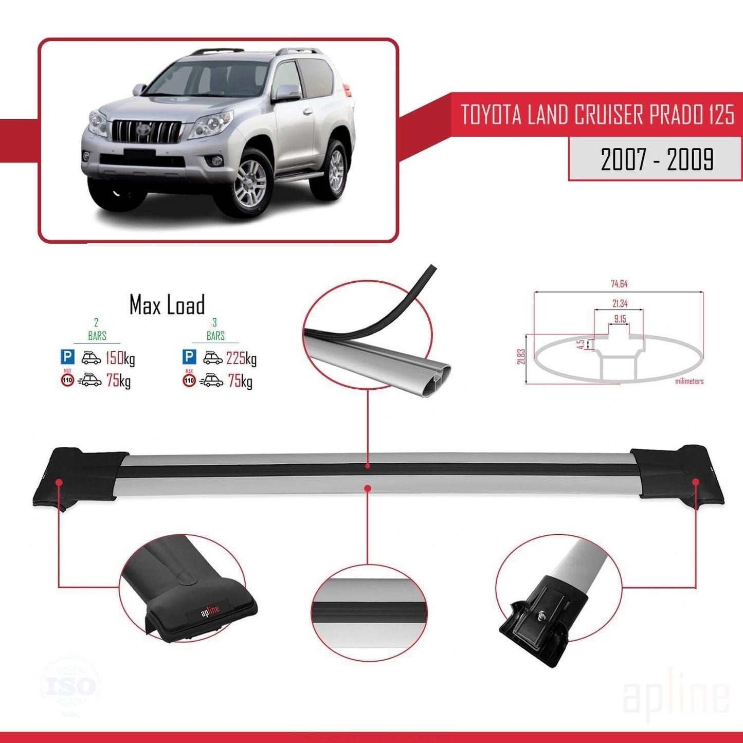 Compatible with Toyota Land Cruiser Prado (J125) 2007-2009 Fly Model Car Roof Rack Cross Bar Grey Aluminium 2 Bars