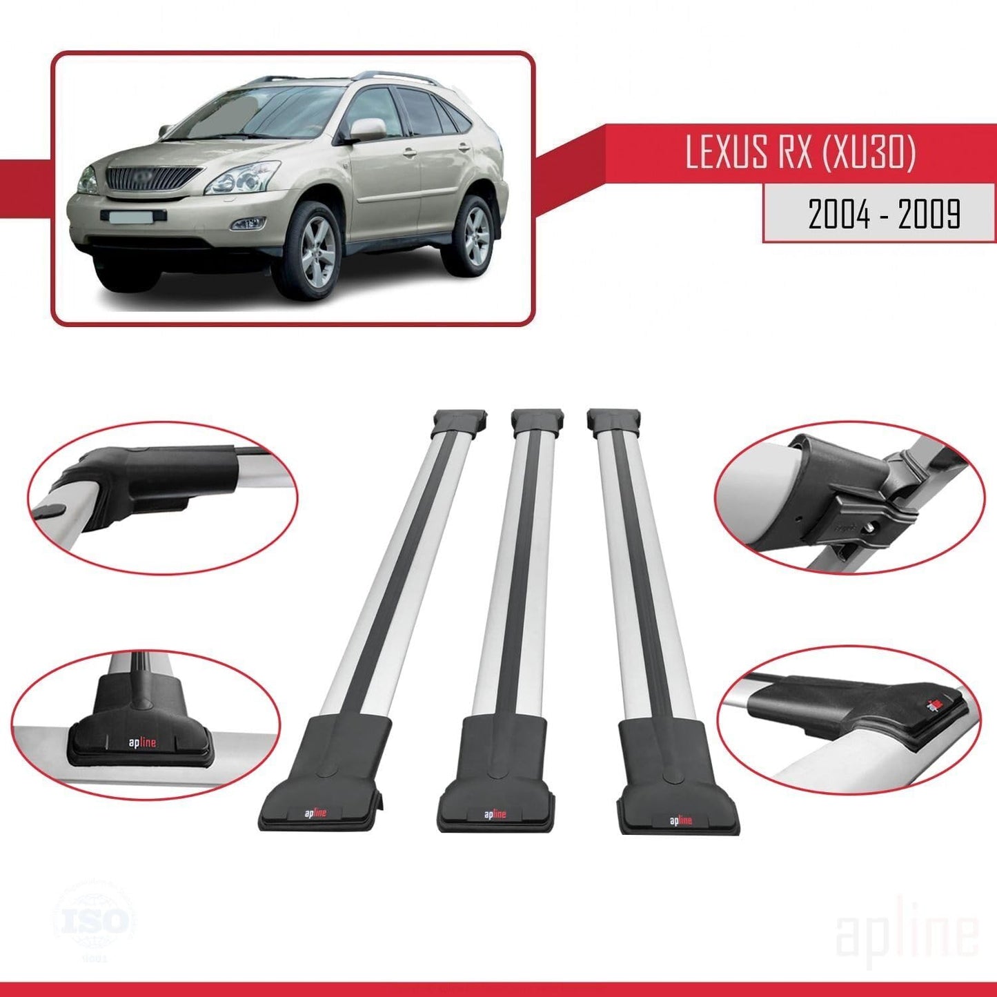 Compatible with Lexus RX 2 (XU30) 2004-2009 Fly Model Car Roof Rack Cross Bar Grey Aluminium 3 Bars