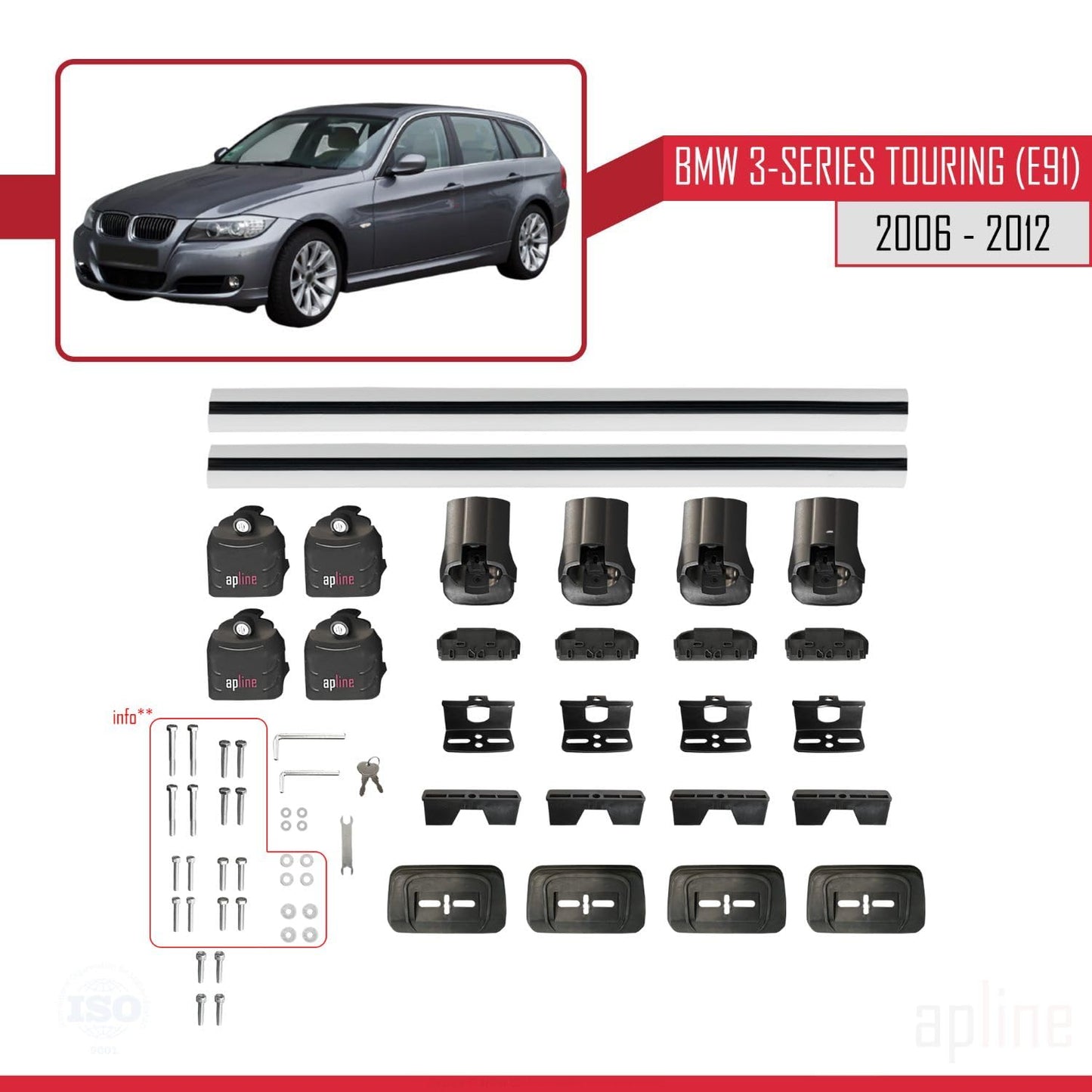 Compatible with BMW 3 Series Touring (E91) 2006-2012 ACE-3 Car Roof Rack Cross Bar Grey Aluminium 2 Bars