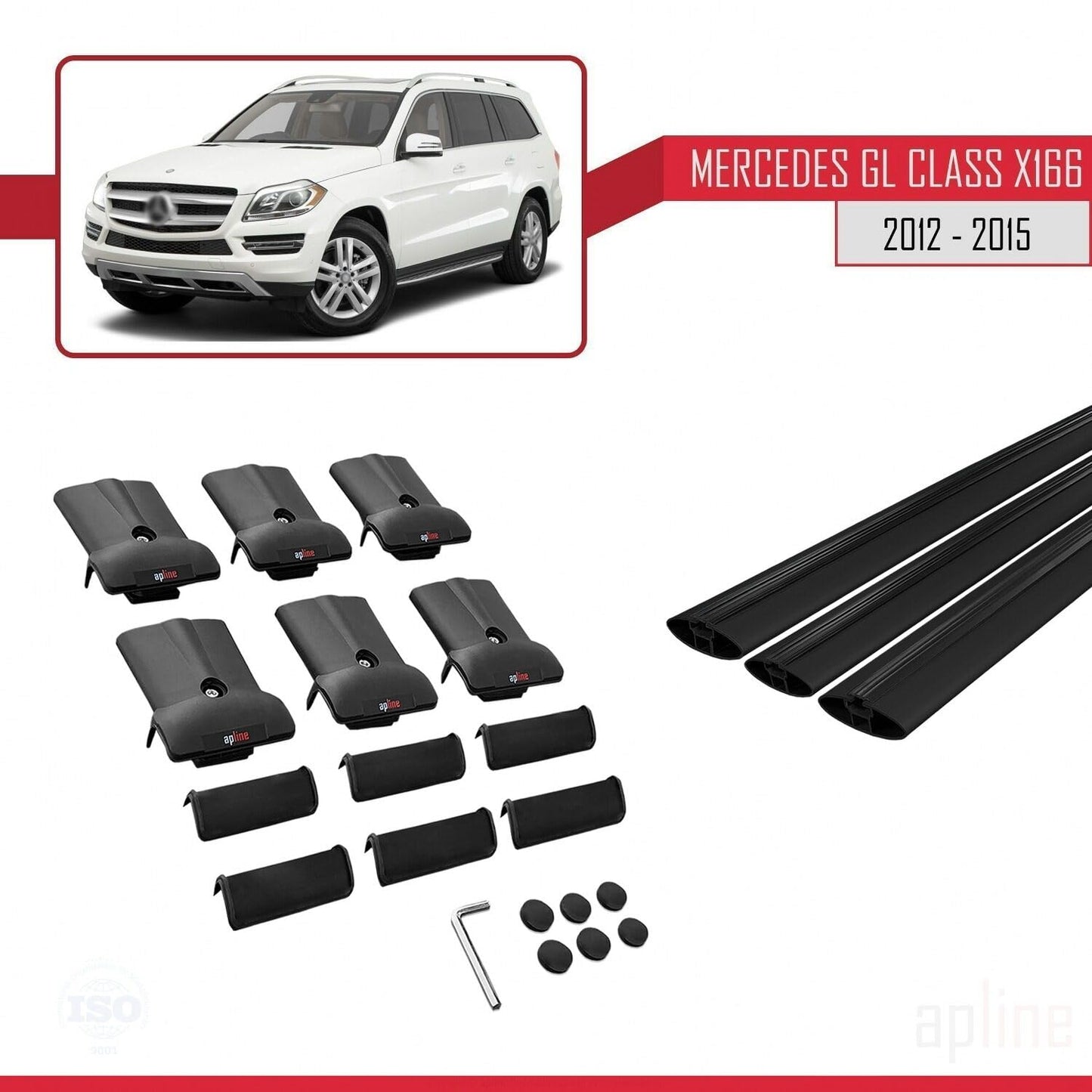 Compatible with Mercedes GL Class 2 (X166) Pre-Facelift 2013-2015 Fly Model Car Roof Rack Cross Bar Black Aluminium 3 Bars