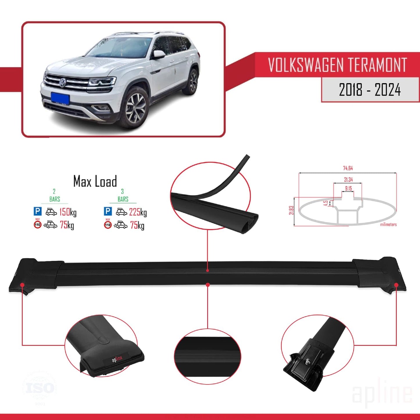Compatible with Volkswagen Teramont (CA1) 2018-2024 Fly Model Car Roof Rack Cross Bar Black Aluminium 2 Bars