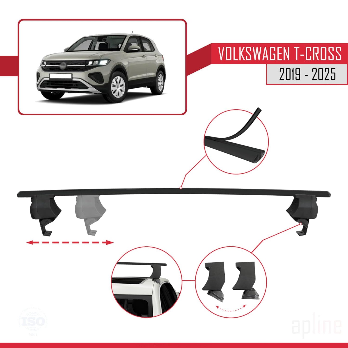 Compatible with Volkswagen T-Cross (C11) 2019-2025 ACE-4 Car Roof Rack Cross Bar Black Aluminium 2 Bars