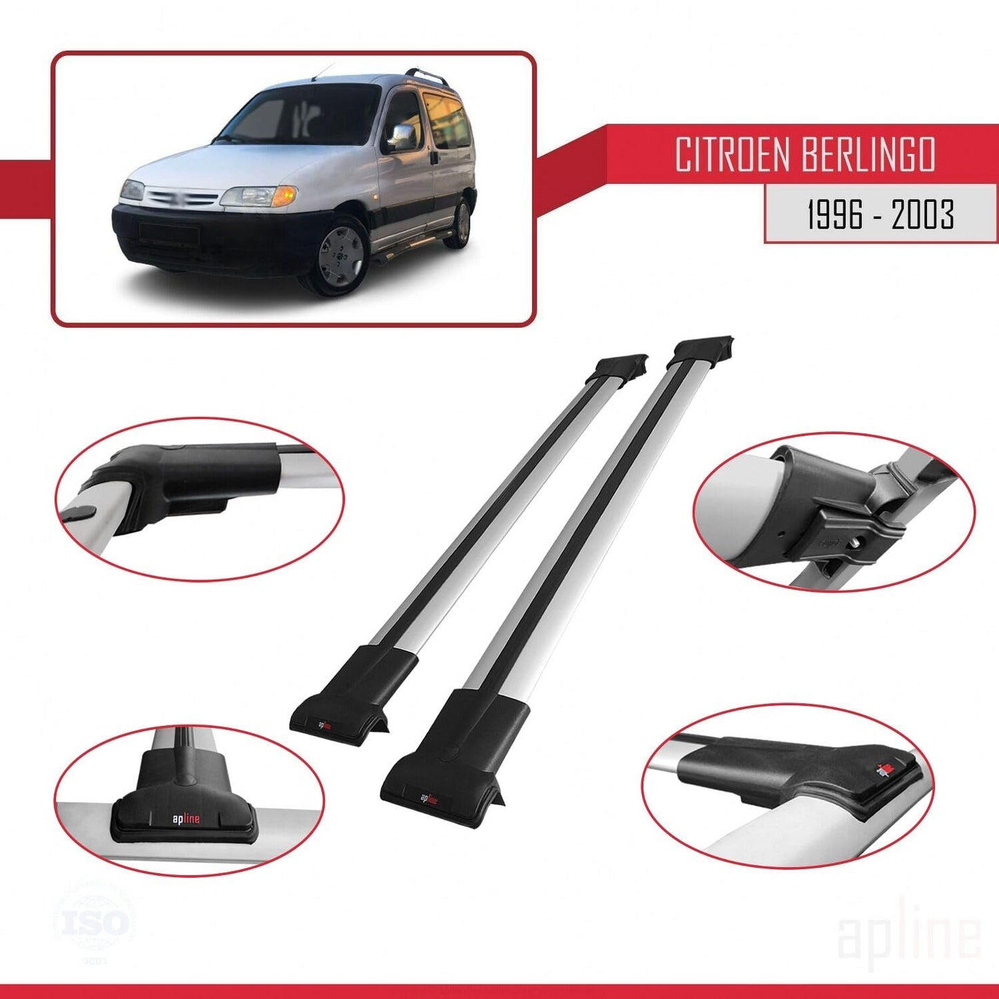 Compatible with Citroen Berlingo (M49) 1996-2003 Fly Model Car Roof Rack Cross Bar Grey Aluminium 2 Bars