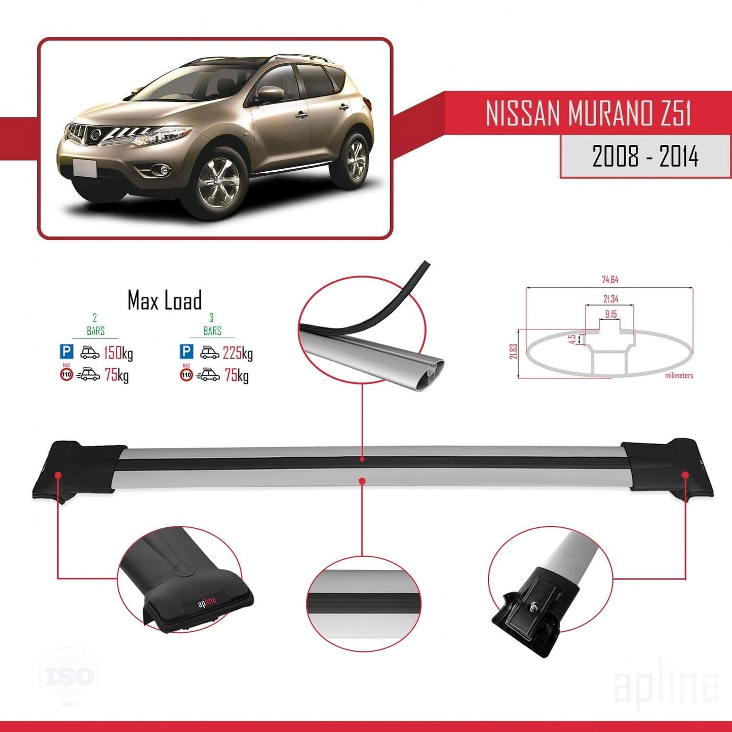 Compatible with Nissan Murano 2 (Z51) 2008-2014 Fly Model Car Roof Rack Cross Bar Grey Aluminium 2 Bars