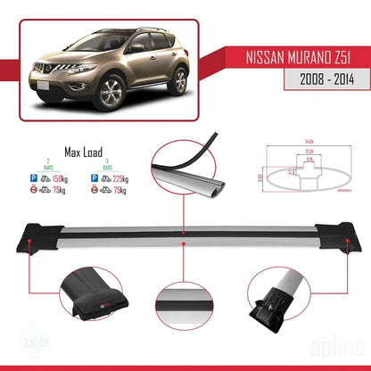 Compatible with Nissan Murano 2 (Z51) 2008-2014 Fly Model Car Roof Rack Cross Bar Grey Aluminium 2 Bars