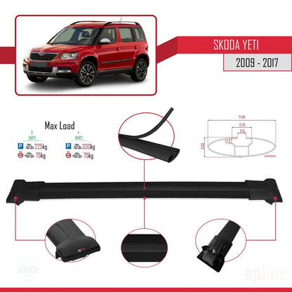 Compatible with Skoda Yeti 2009-2017 Fly Model Car Roof Rack Cross Bar Black Aluminium 3 Bars