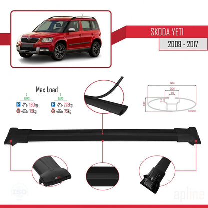 Compatible with Skoda Yeti 2009-2017 Fly Model Car Roof Rack Cross Bar Black Aluminium 2 Bars