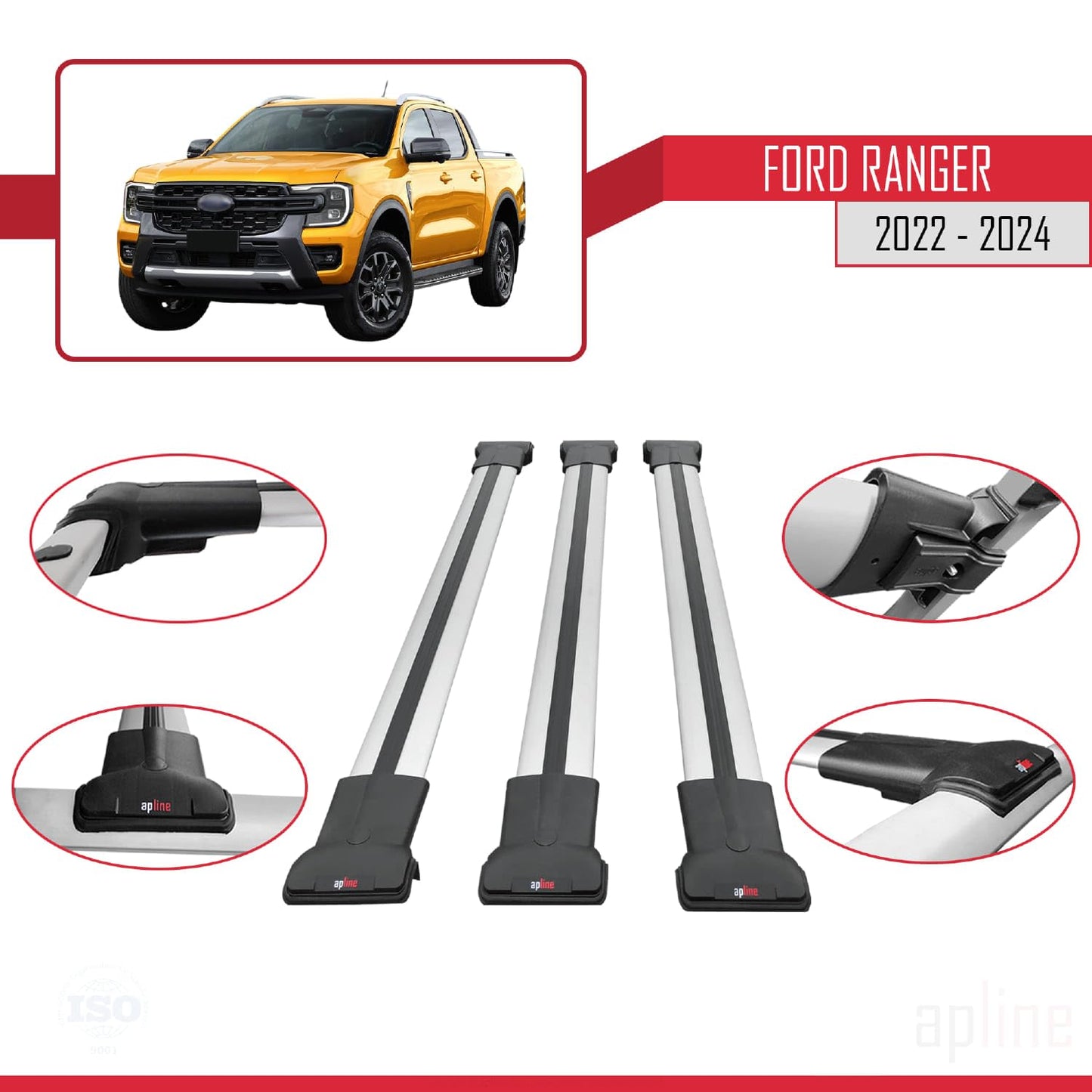 Compatible with Ford Ranger (P703) 2022-2024 Fly Model Car Roof Rack Cross Bar Grey Aluminium 3 Bars