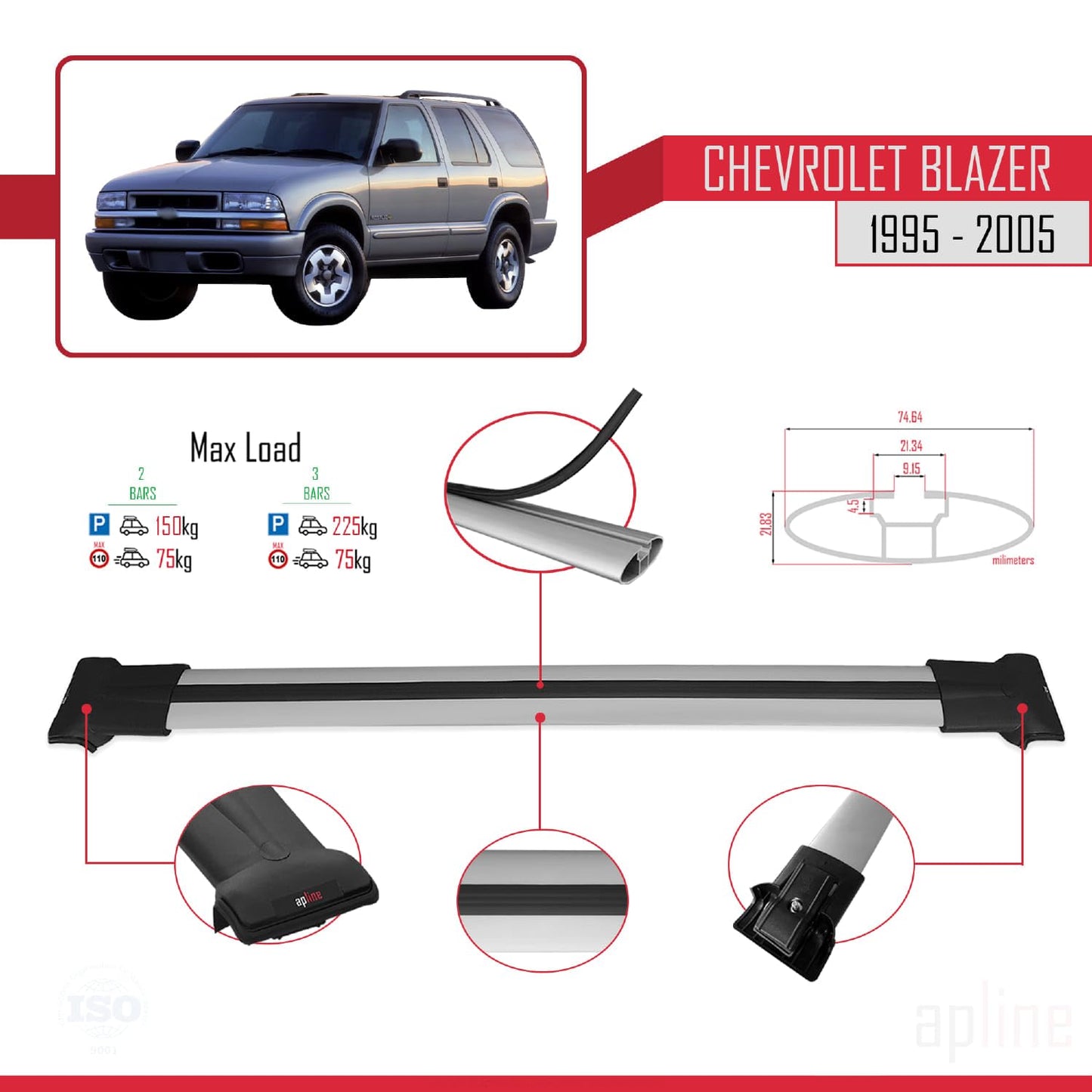 Compatible with Chevrolet Blazer 1995-2005 Fly Model Car Roof Rack Cross Bar Grey Aluminium 2 Bars